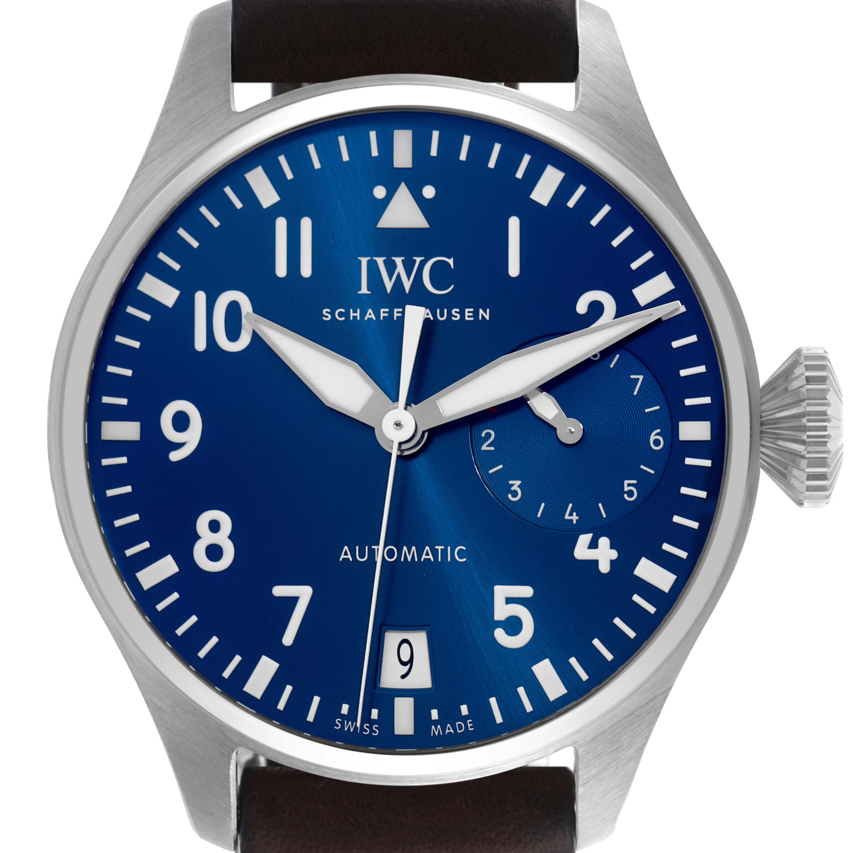 The IWC Pilot IW501002 Men's Stainless Steel Blue Dial IW501002 Men's Stainless Steel Blue Dial model watch is shown from a front angle, displaying the dial, hands, crown, and part of the leather strap.