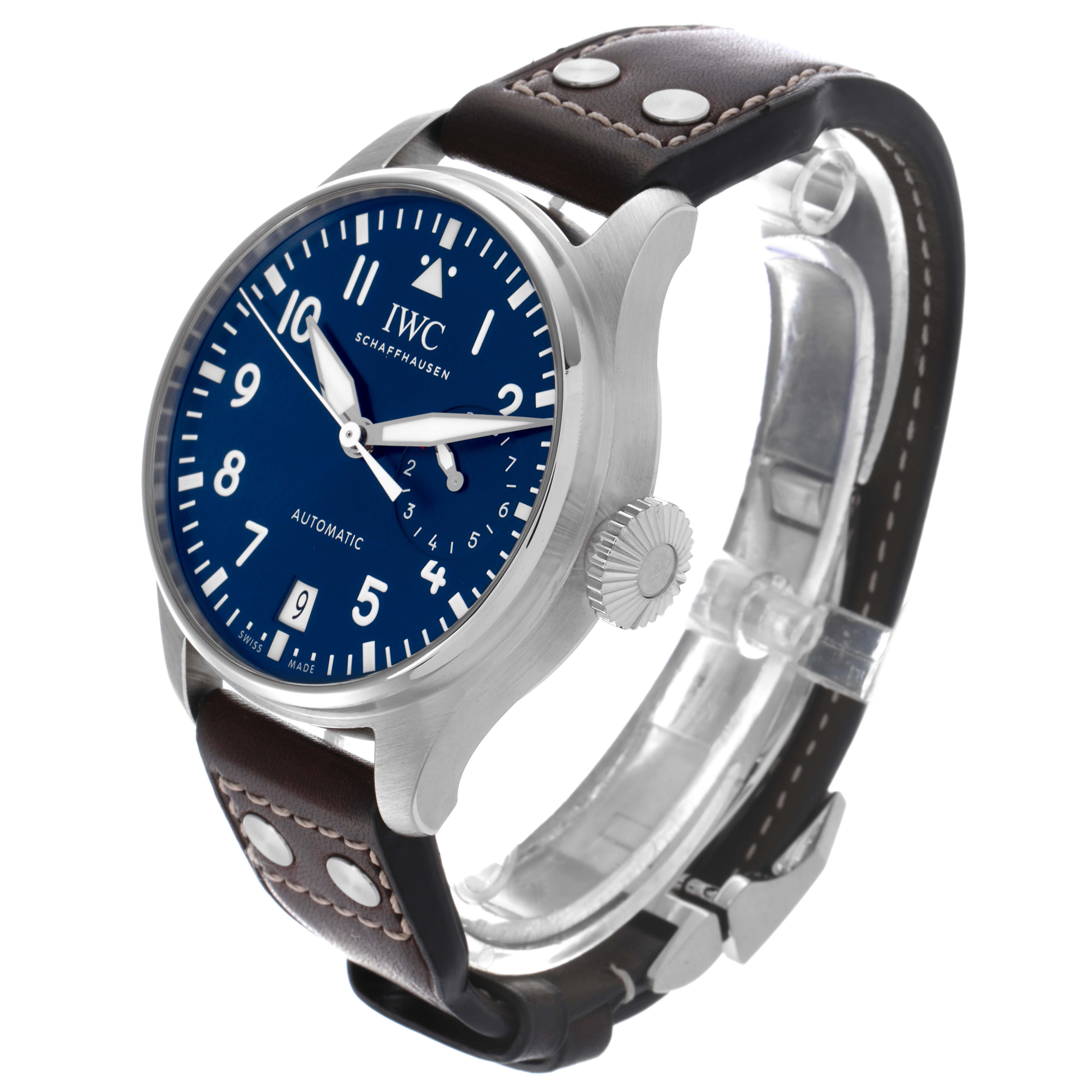 The IWC Pilot IW501002 Men's Stainless Steel Blue Dial IW501002 Men's Stainless Steel Blue Dial watch is shown at a three-quarter angle, displaying the face, bezel, crown, and leather strap.
