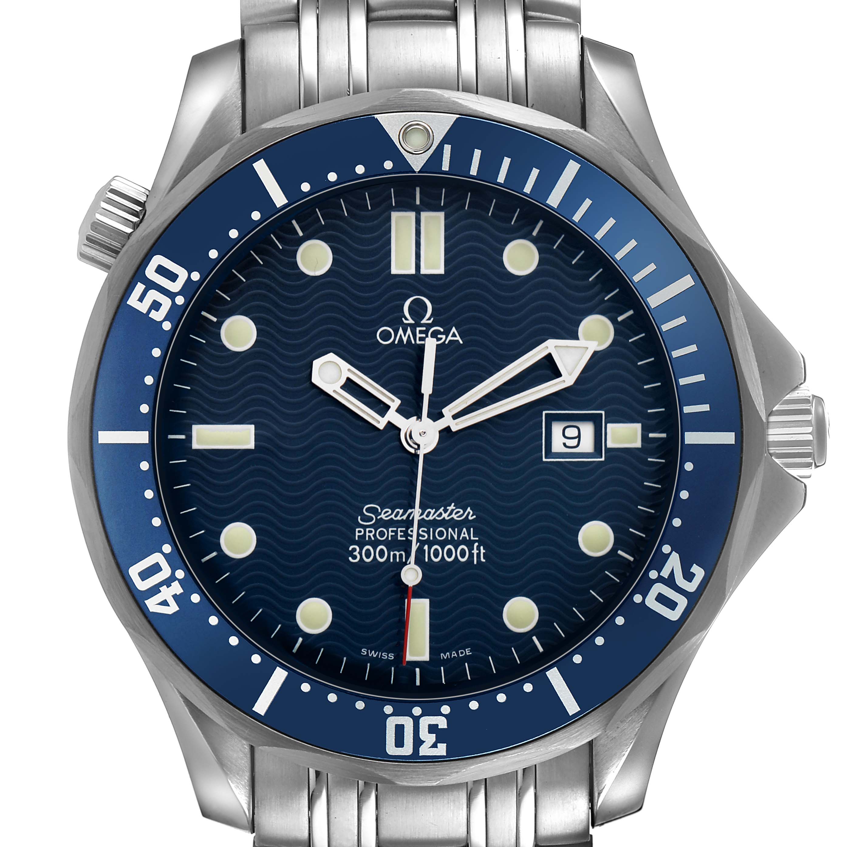 The Omega Seamaster 2541.80.00 Men's Stainless Steel Blue Dial watch is shown from the front, displaying the dial, bezel, crown, and part of the bracelet.