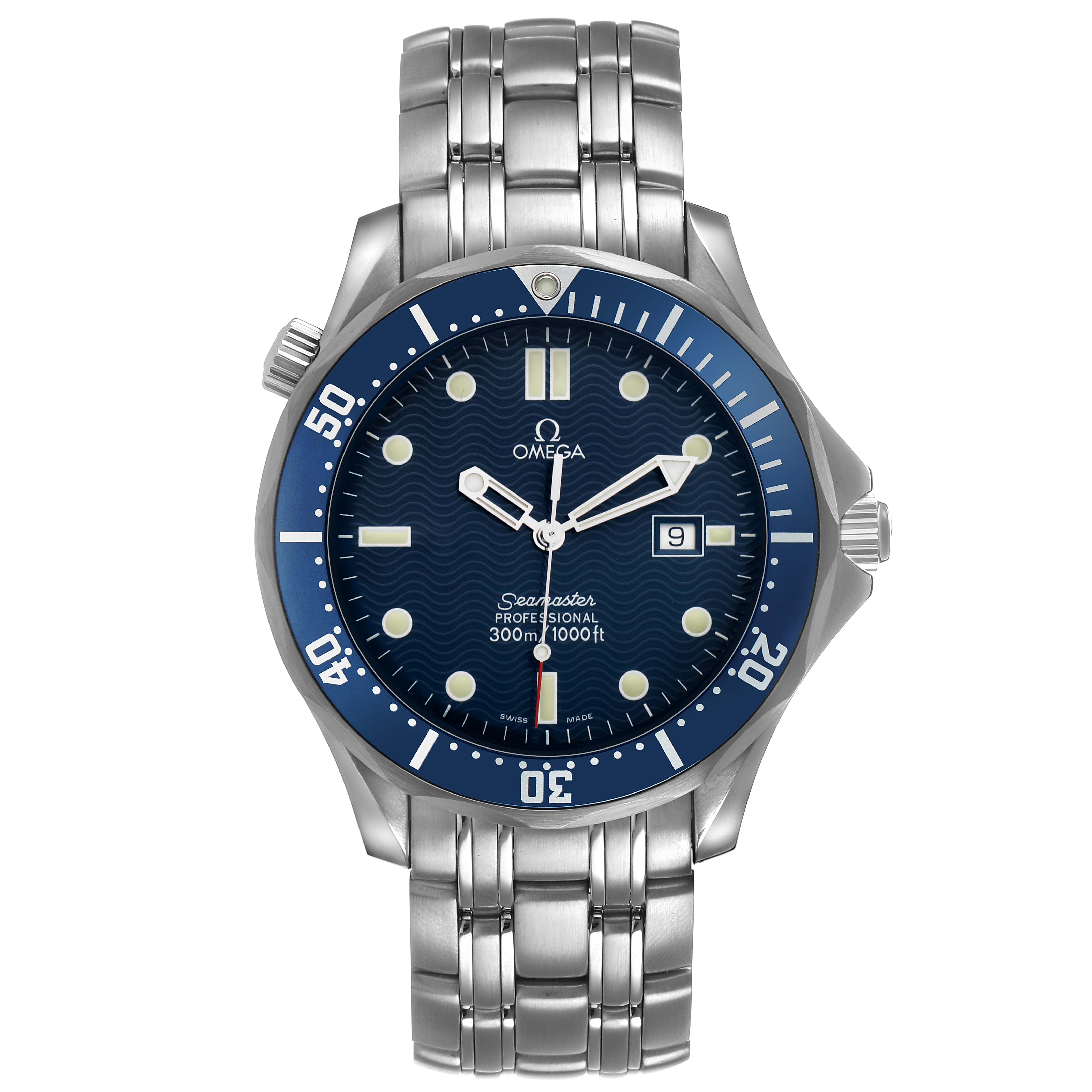 The image shows a frontal view of the Omega Seamaster 2541.80.00 Men's Stainless Steel Blue Dial watch, highlighting the blue dial, bezel, and stainless steel bracelet.