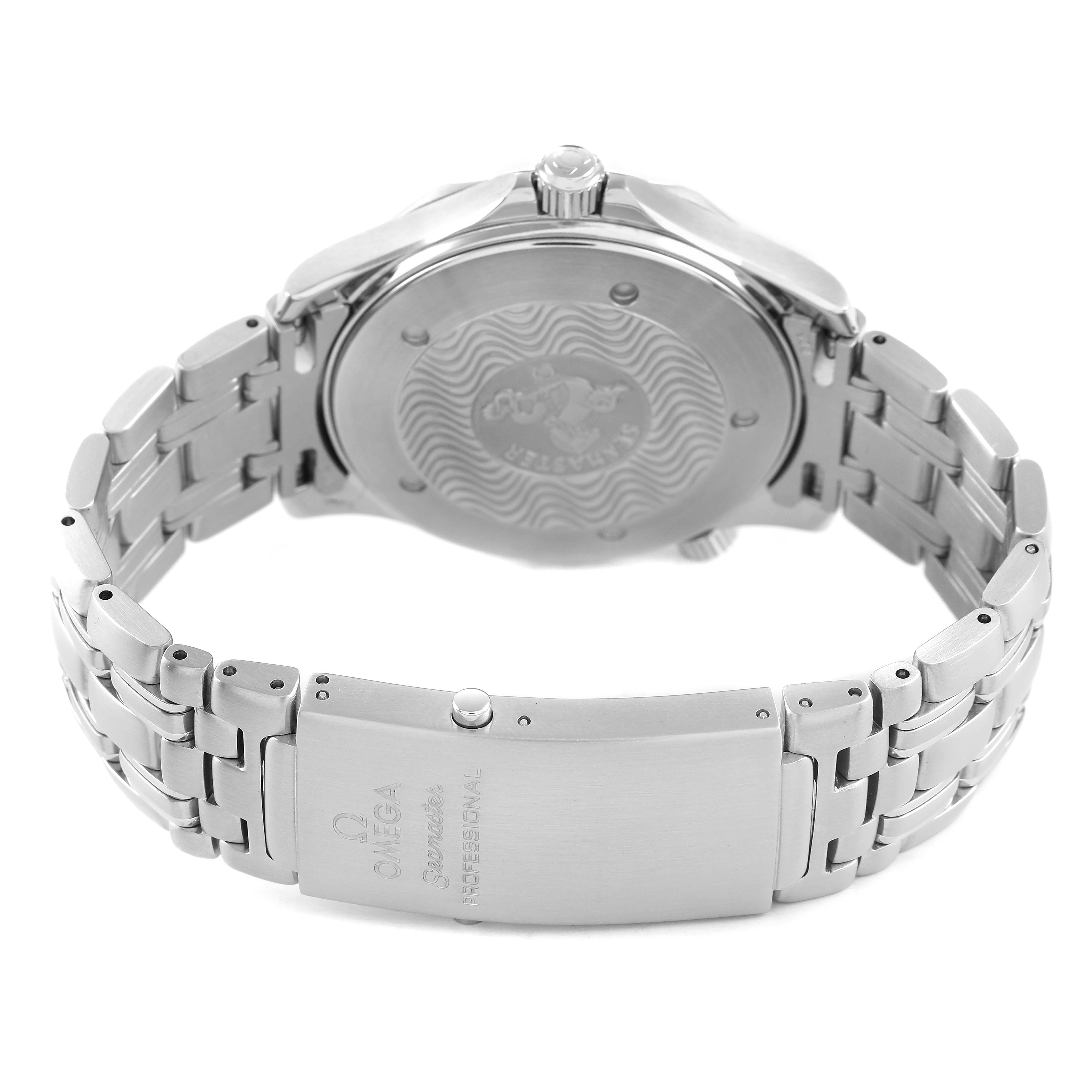 The watch is an Omega Seamaster 2541.80.00 Men's Stainless Steel Blue Dial model shown from the back, highlighting the case back, bracelet, and clasp.