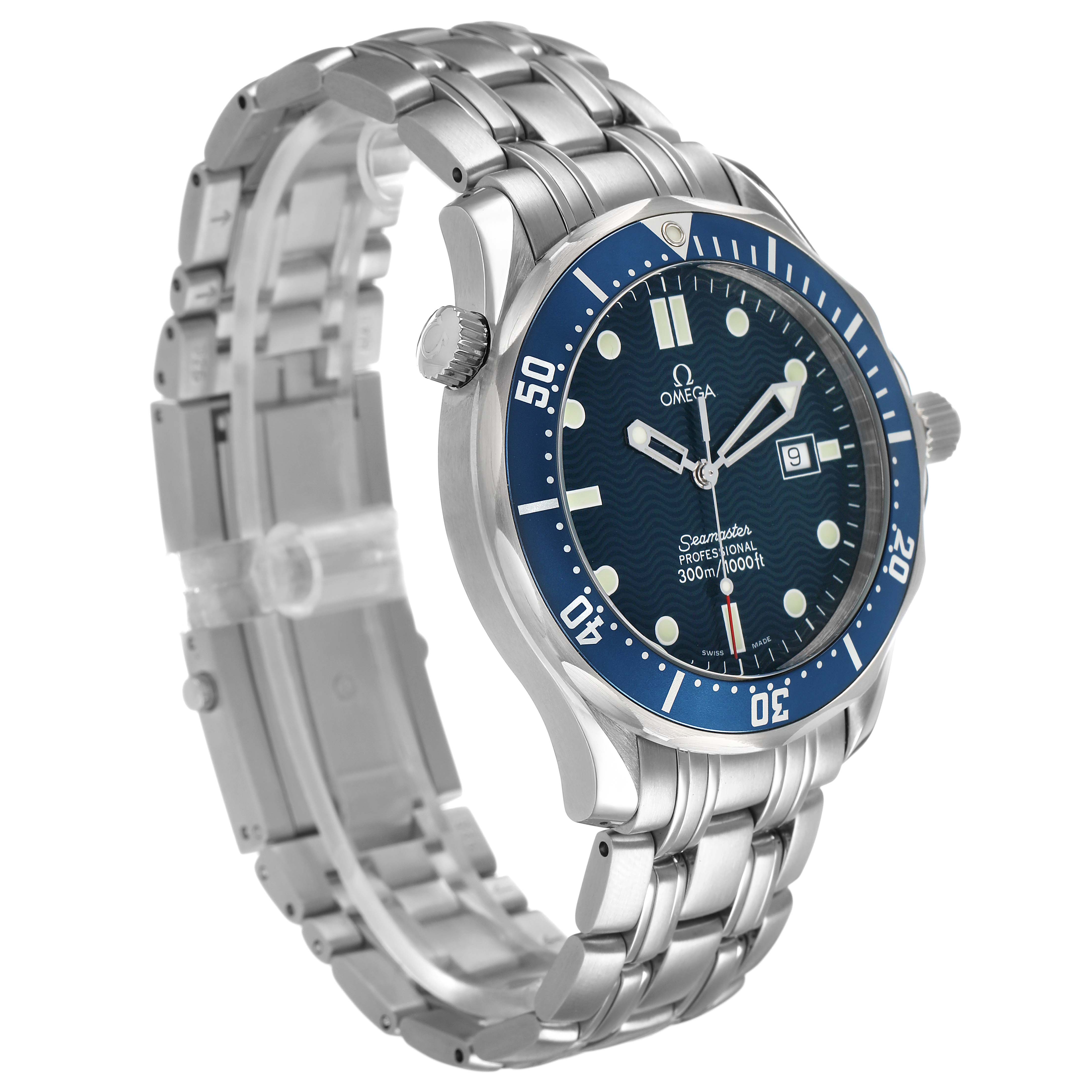 The Omega Seamaster 2541.80.00 Men's Stainless Steel Blue Dial watch is shown at a three-quarter angle, highlighting the dial, bezel, crown, and bracelet.