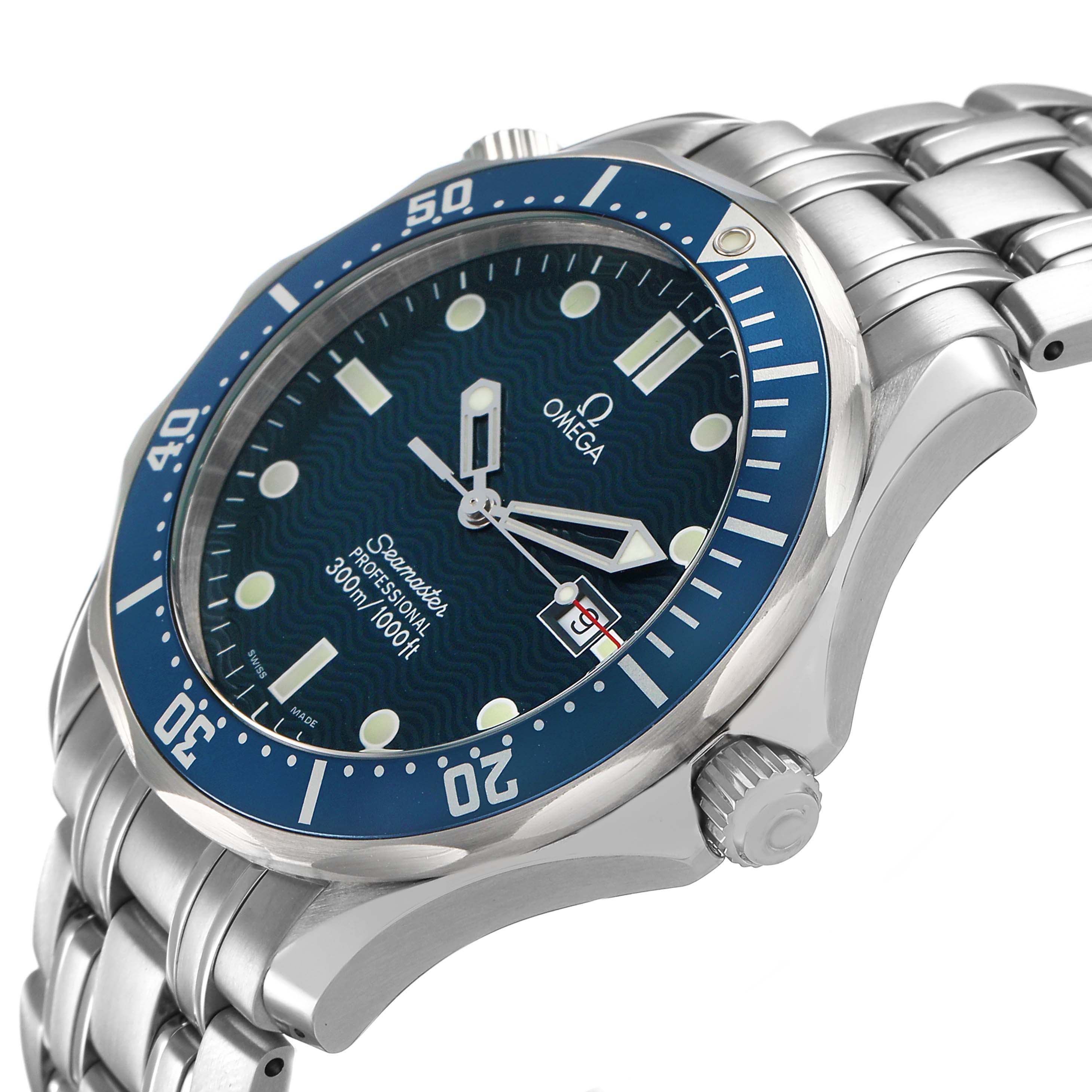 The Omega Seamaster 2541.80.00 Men's Stainless Steel Blue Dial watch is shown from a side angle, highlighting the face, bezel, crown, and metal bracelet.
