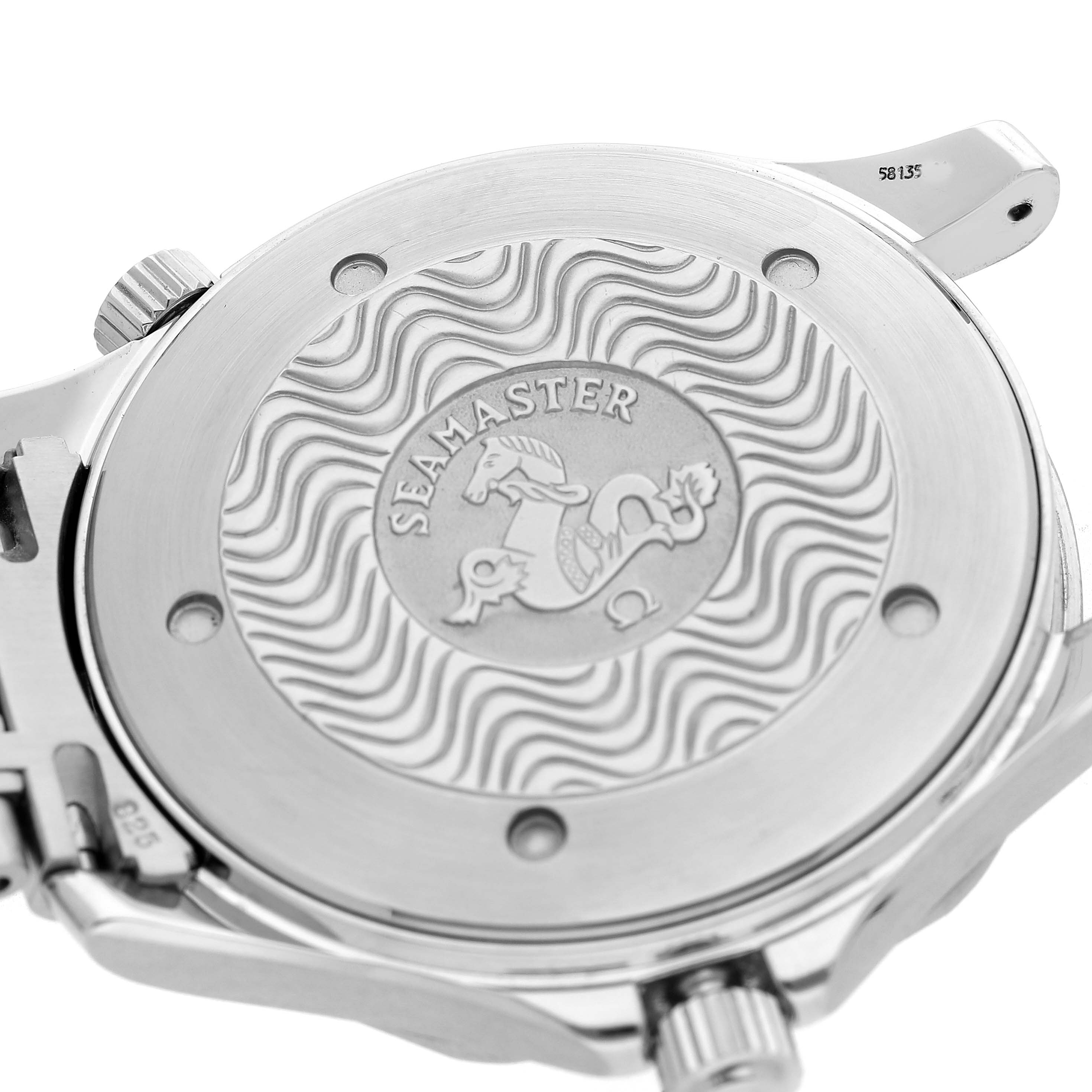 The image shows a close-up of the back case of an Omega Seamaster 2541.80.00 Men's Stainless Steel Blue Dial watch, highlighting its engraved logo and texture.