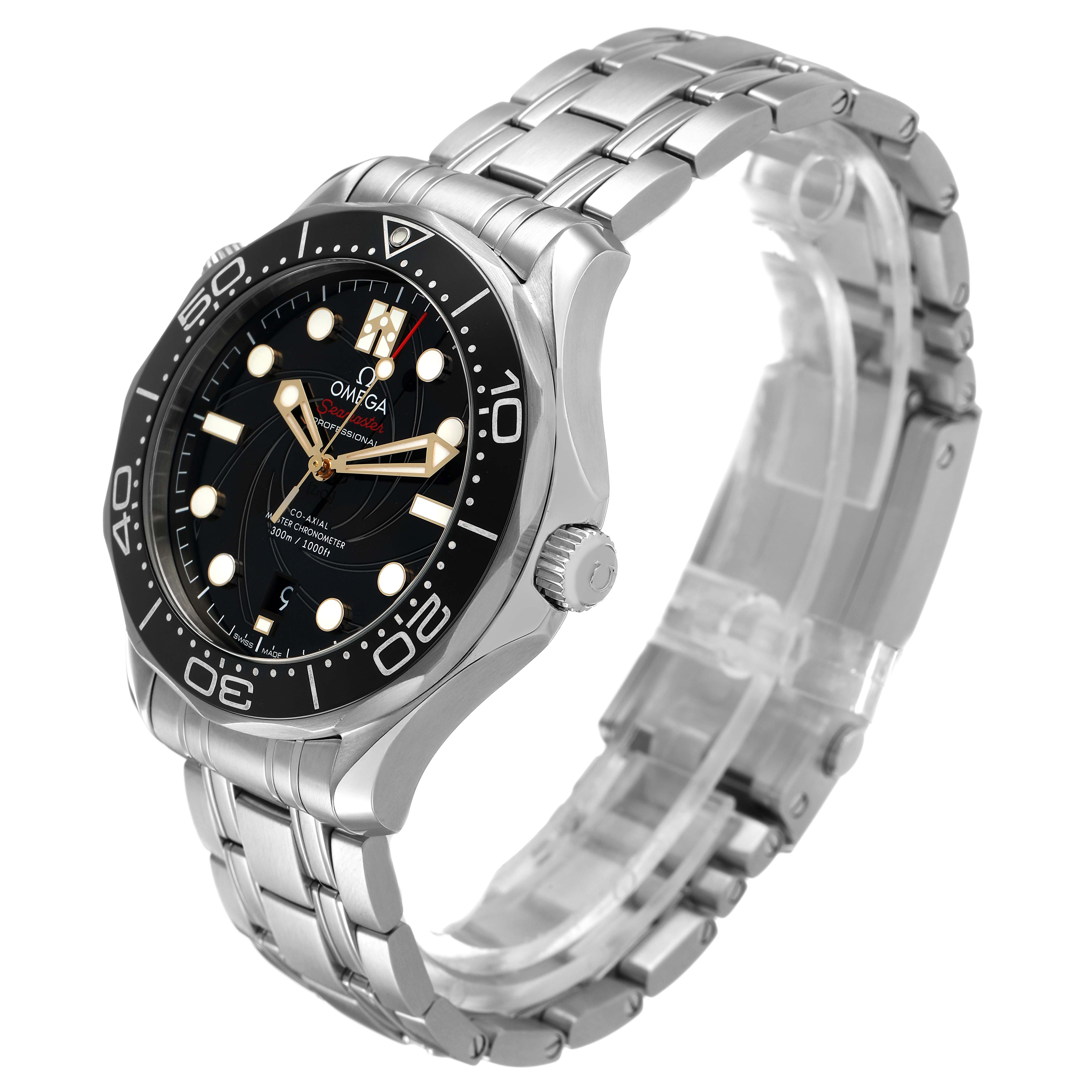 The Omega Seamaster 210.22.42.20.01.004 Men's Stainless Steel Black Dial model is shown at a three-quarter angle, highlighting the face, bezel, and bracelet.