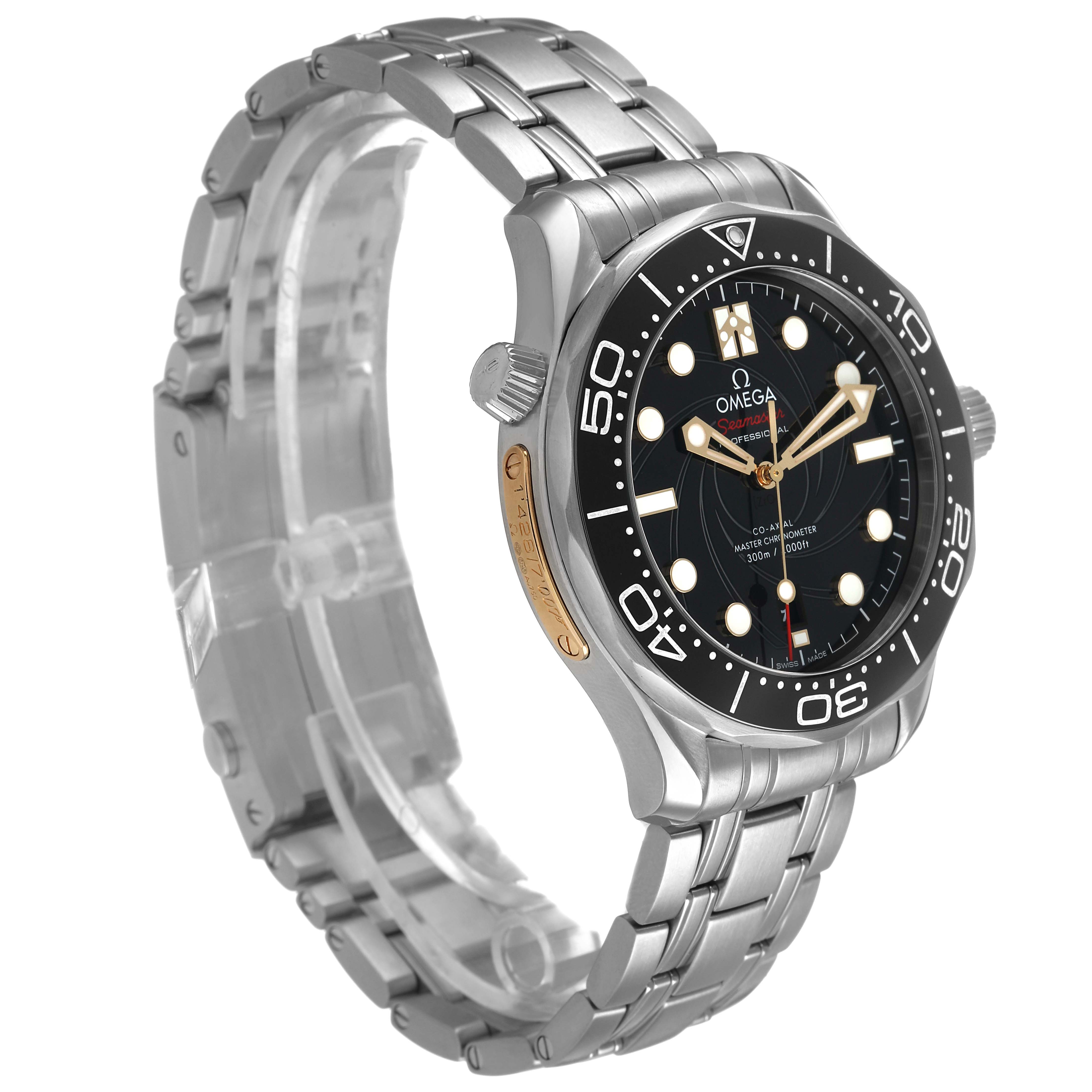 The Omega Seamaster 210.22.42.20.01.004 Men's Stainless Steel Black Dial watch is shown at a three-quarter angle, highlighting the bezel, bracelet, and crown.