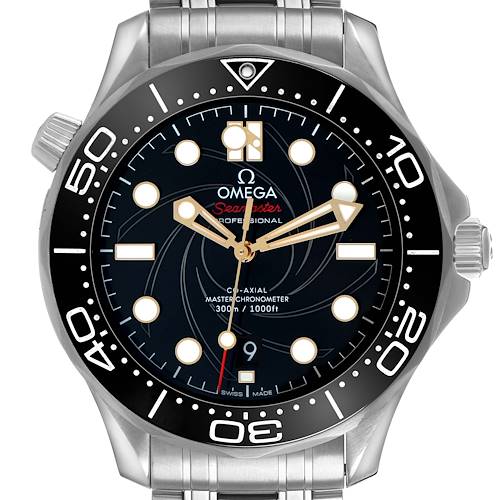 The Omega Seamaster 210.22.42.20.01.004 Men's Stainless Steel Black Dial watch is shown from a front angle, highlighting the dial, bezel, and part of the bracelet.