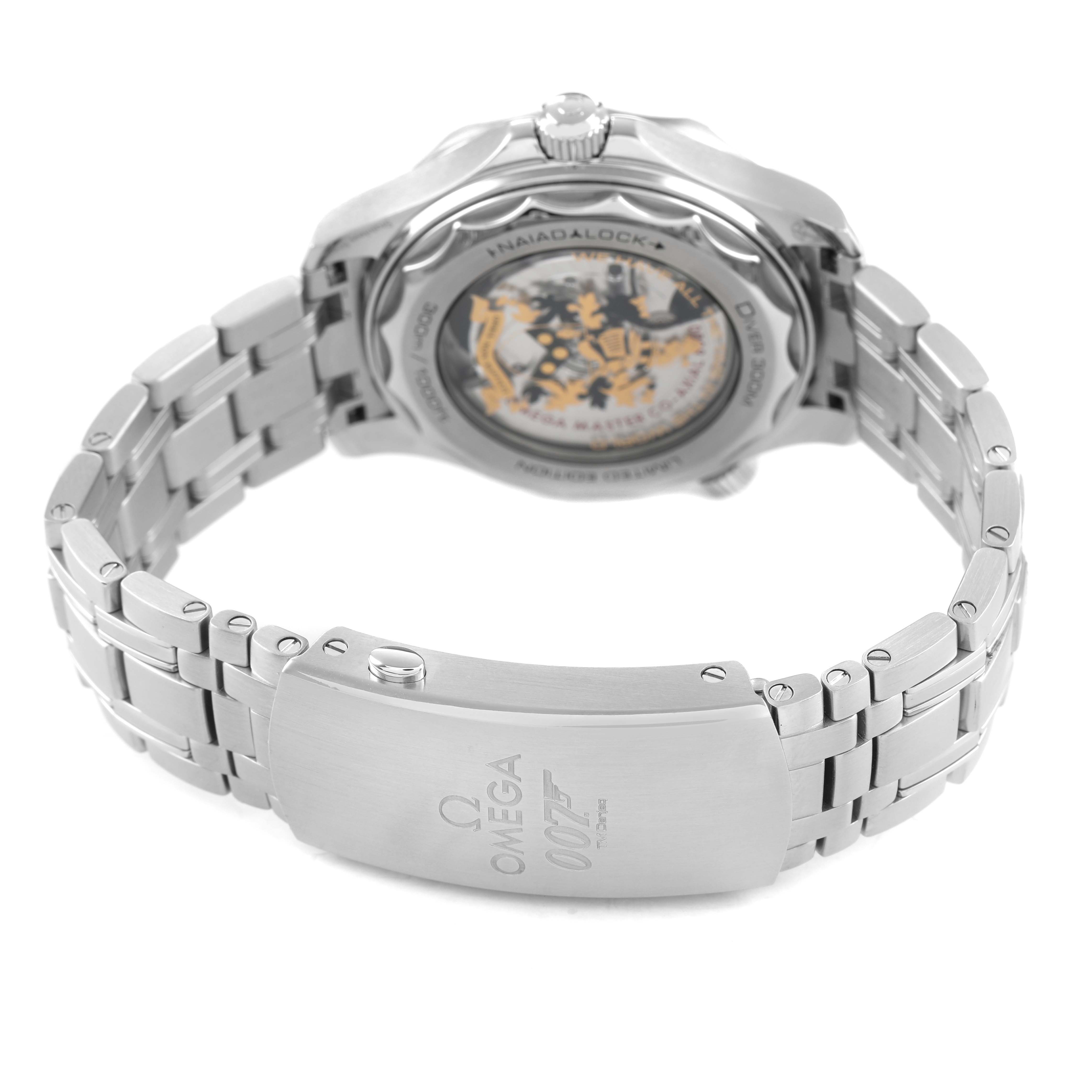 The image shows the back view of the Omega Seamaster 210.22.42.20.01.004 Men's Stainless Steel Black Dial watch, highlighting the bracelet clasp and the transparent case back.