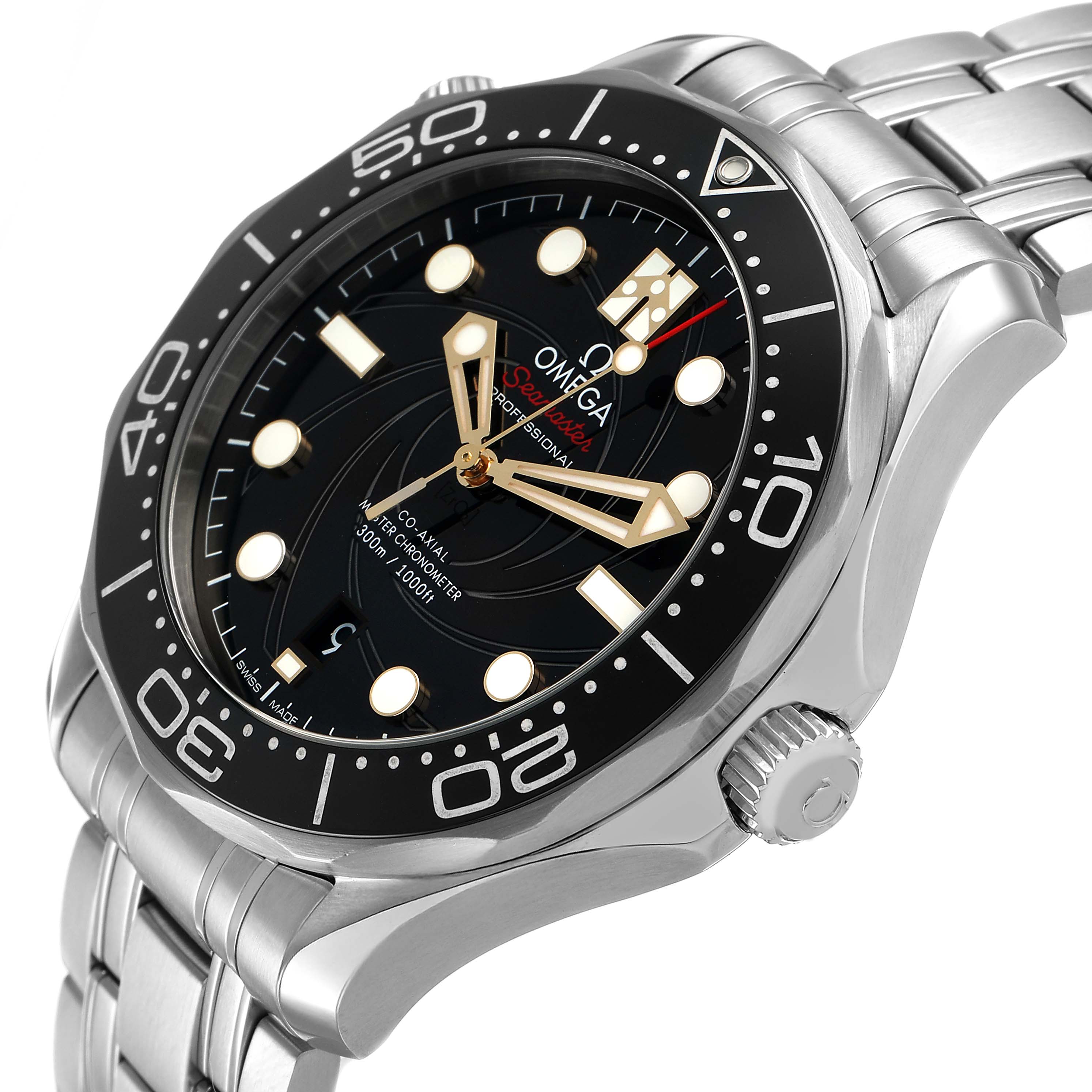 The Omega Seamaster 210.22.42.20.01.004 Men's Stainless Steel Black Dial watch is shown from an angle highlighting the bezel, crown, lugs, and bracelet.
