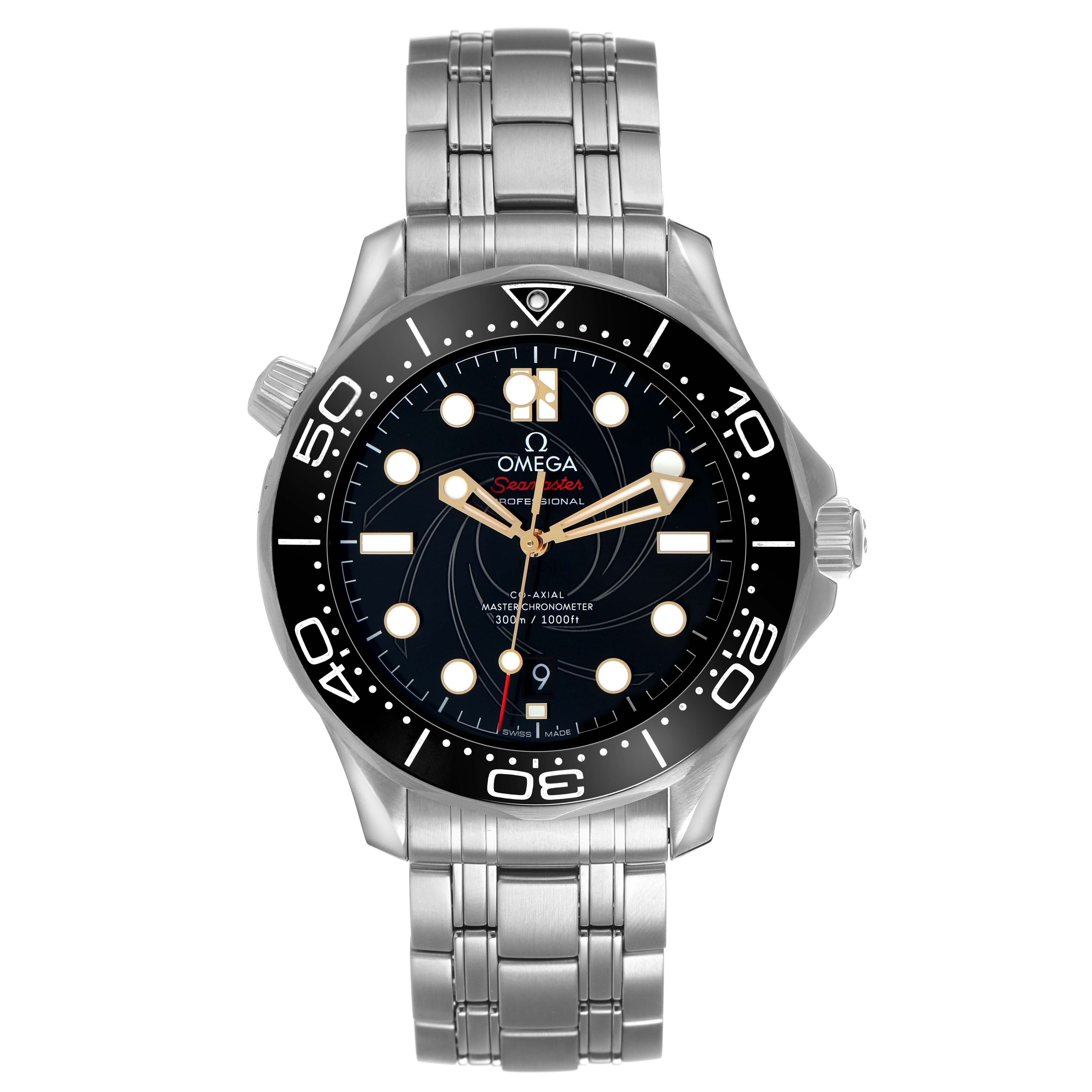 The Omega Seamaster 210.22.42.20.01.004 Men's Stainless Steel Black Dial watch is shown from the front, displaying its face, bezel, and stainless steel bracelet.
