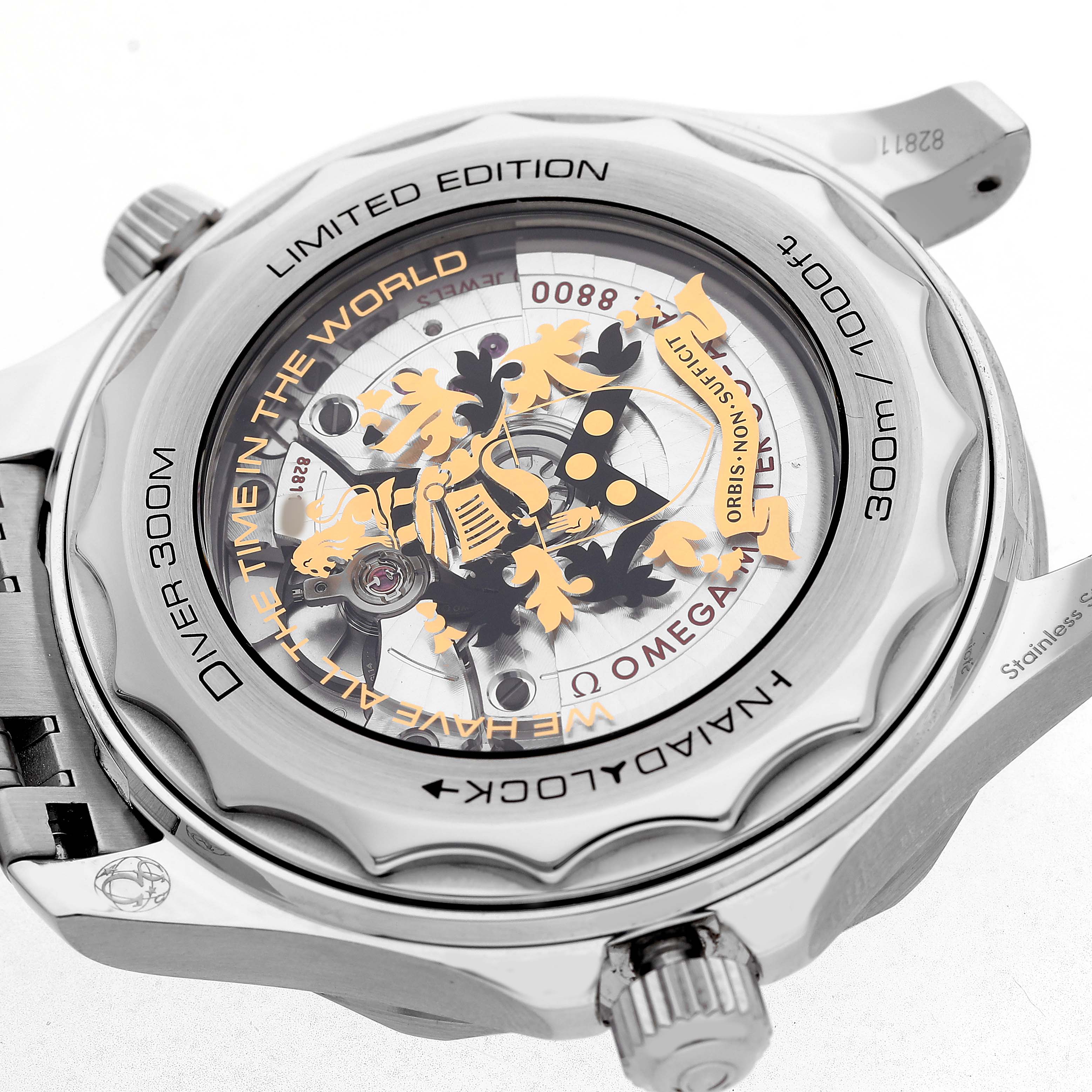 The image shows the case back of the Omega Seamaster 210.22.42.20.01.004 Men's Stainless Steel Black Dial, highlighting the movement and decorative elements.