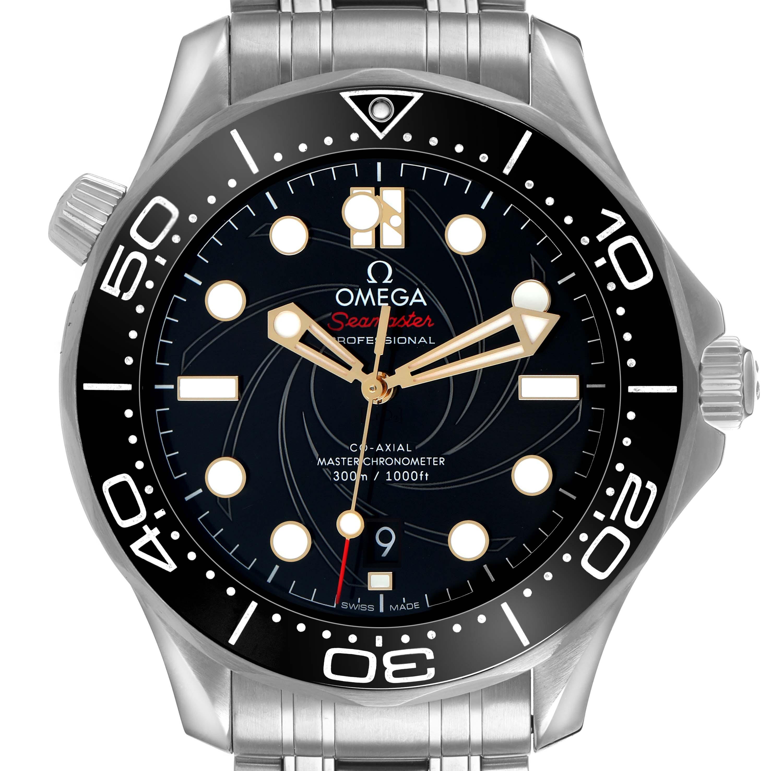 The Omega Seamaster 210.22.42.20.01.004 Men's Stainless Steel Black Dial watch is shown from a front angle, displaying the dial, bezel, hands, and part of the bracelet.