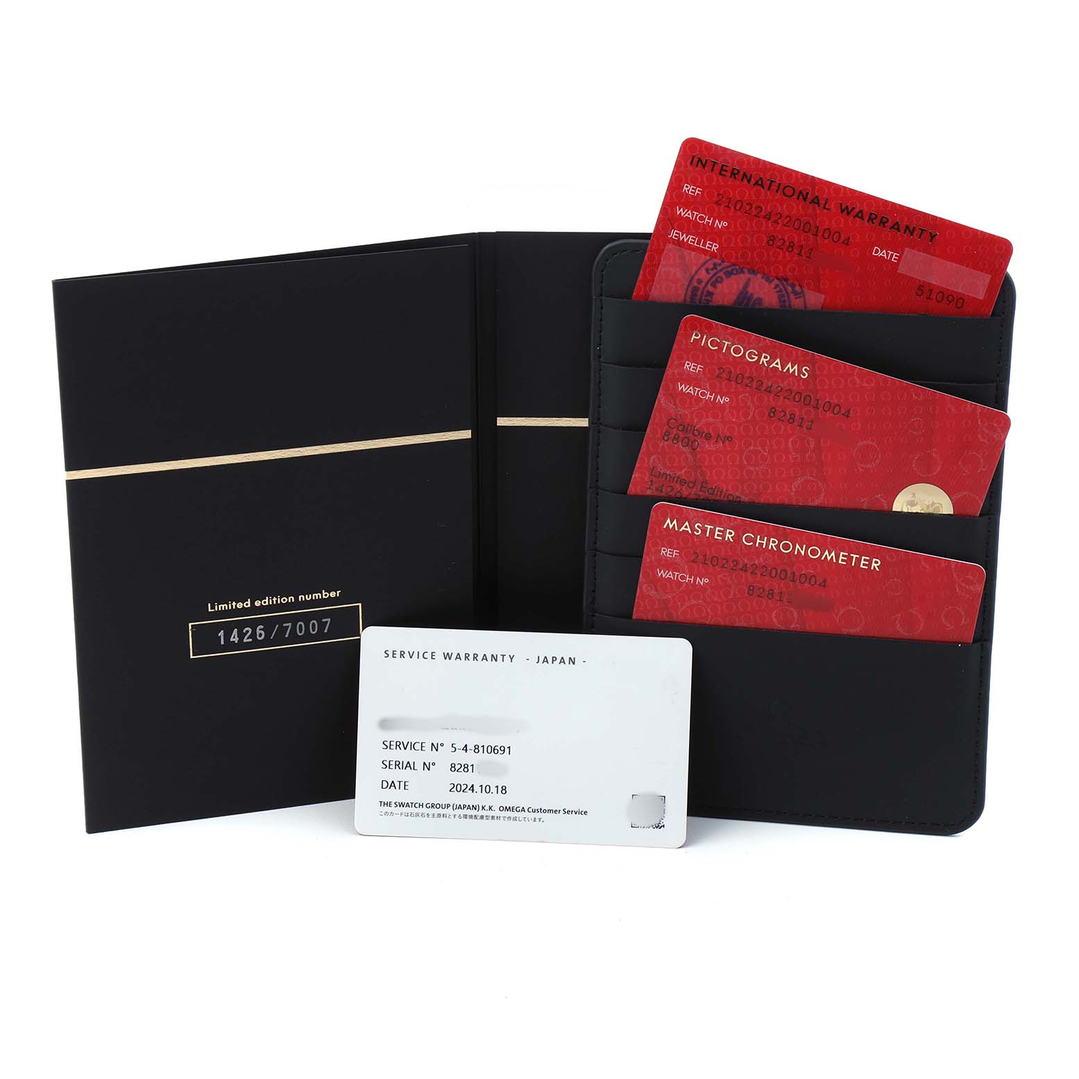 The image shows an Omega Seamaster 210.22.42.20.01.004 Men's Stainless Steel Black Dial model's paperwork, including international warranty, pictograms, and master chronometer cards.