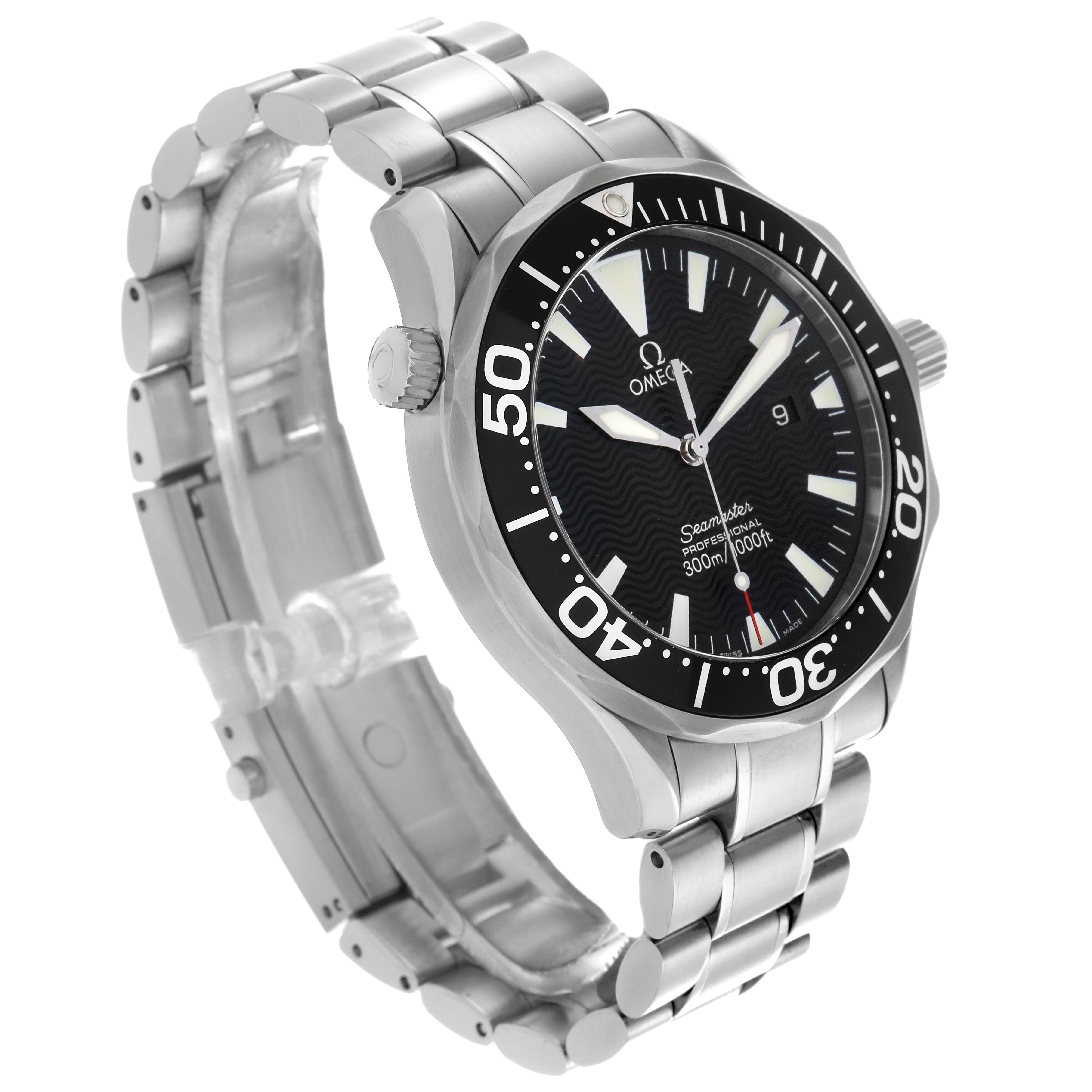 The Omega Seamaster 2264.50.00 Men's Stainless Steel Black Dial 2264.50.00 Men's Stainless Steel Black Dial watch is shown at an oblique angle featuring the case, bezel, bracelet, crown, and dial.