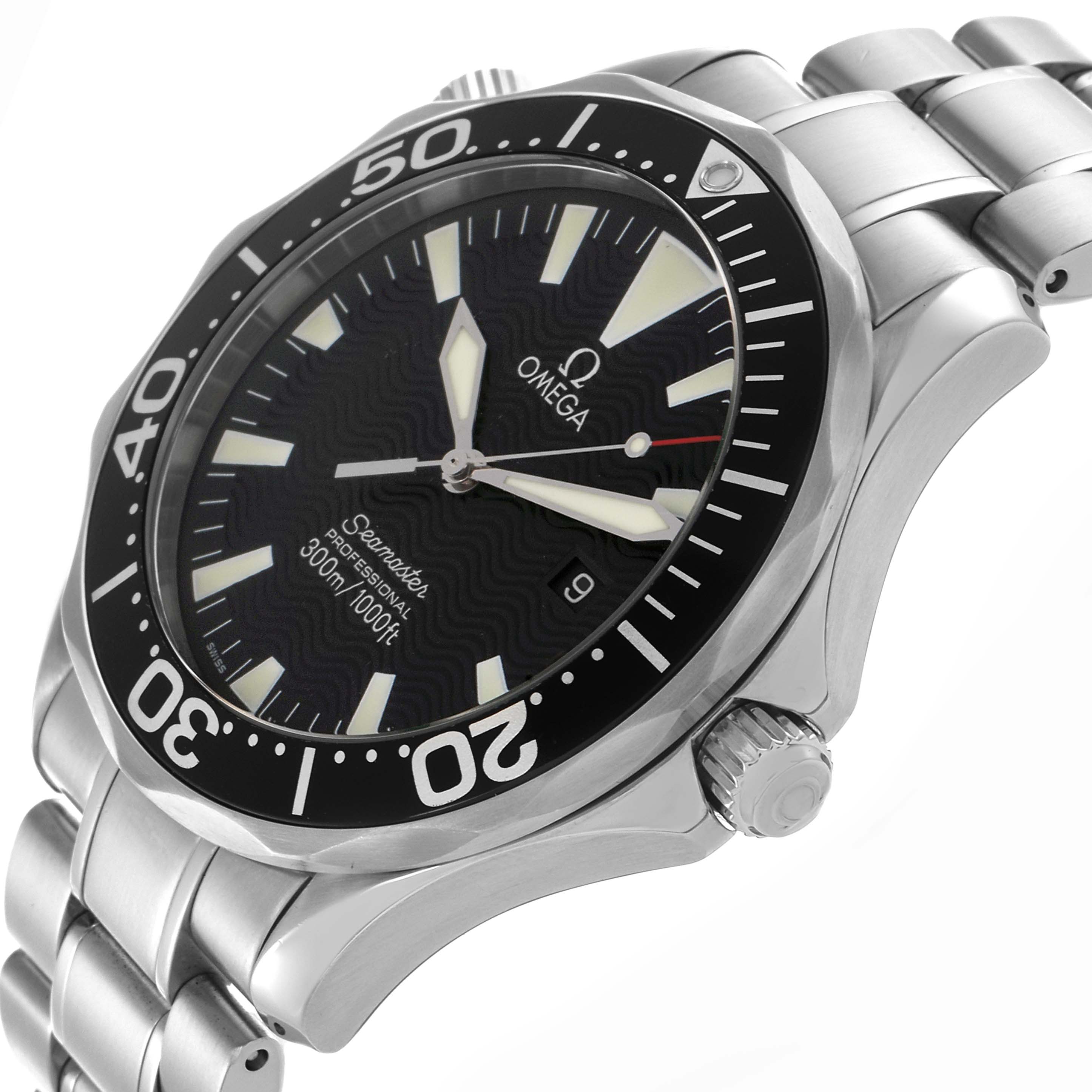 The Omega Seamaster 2264.50.00 Men's Stainless Steel Black Dial 2264.50.00 Men's Stainless Steel Black Dial watch is shown from a three-quarter angle, displaying the dial, bezel, crown, and bracelet.