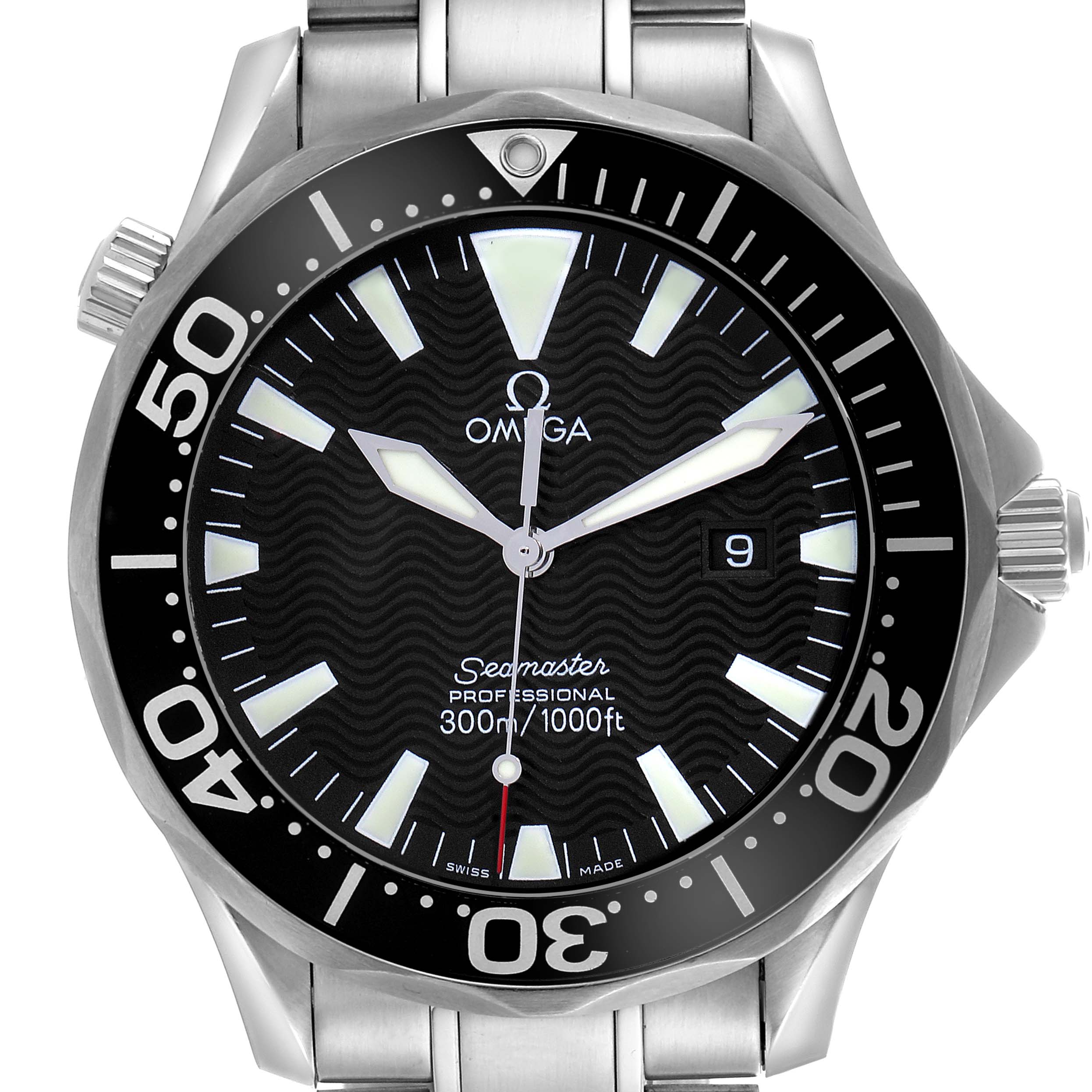 The Omega Seamaster 2264.50.00 Men's Stainless Steel Black Dial 2264.50.00 Men's Stainless Steel Black Dial watch is shown from the front, displaying its face, bezel, and part of the bracelet.