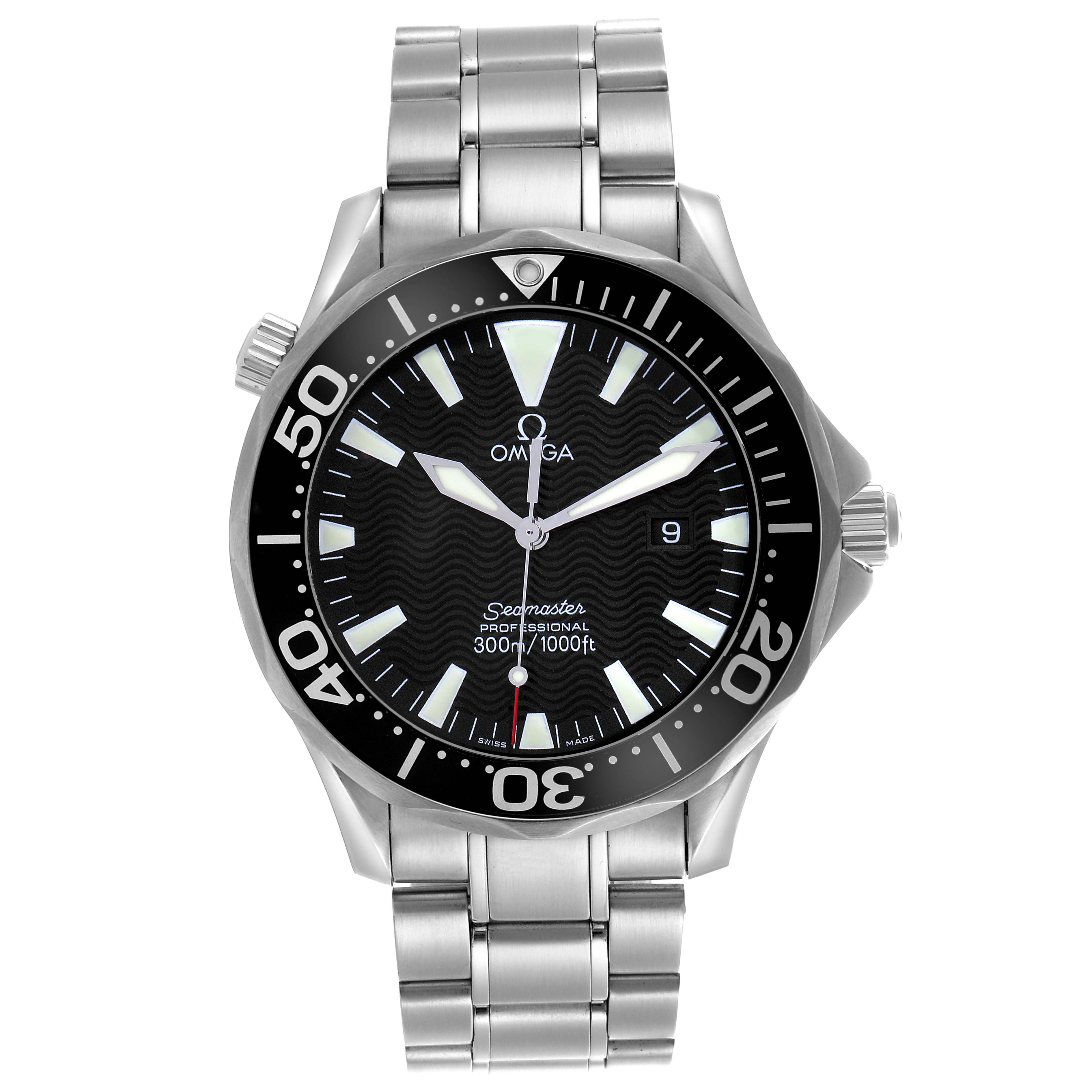 The Omega Seamaster 2264.50.00 Men's Stainless Steel Black Dial 2264.50.00 Men's Stainless Steel Black Dial watch is shown from the front, highlighting the dial, bezel, bracelet, and crown.