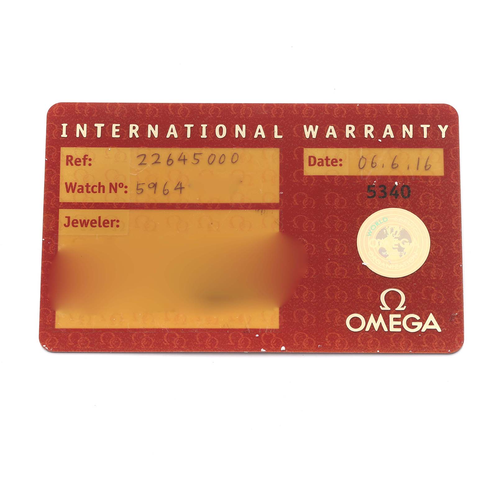 This image shows the International Warranty card for an Omega Seamaster 2264.50.00 Men's Stainless Steel Black Dial 2264.50.00 Men's Stainless Steel Black Dial watch.