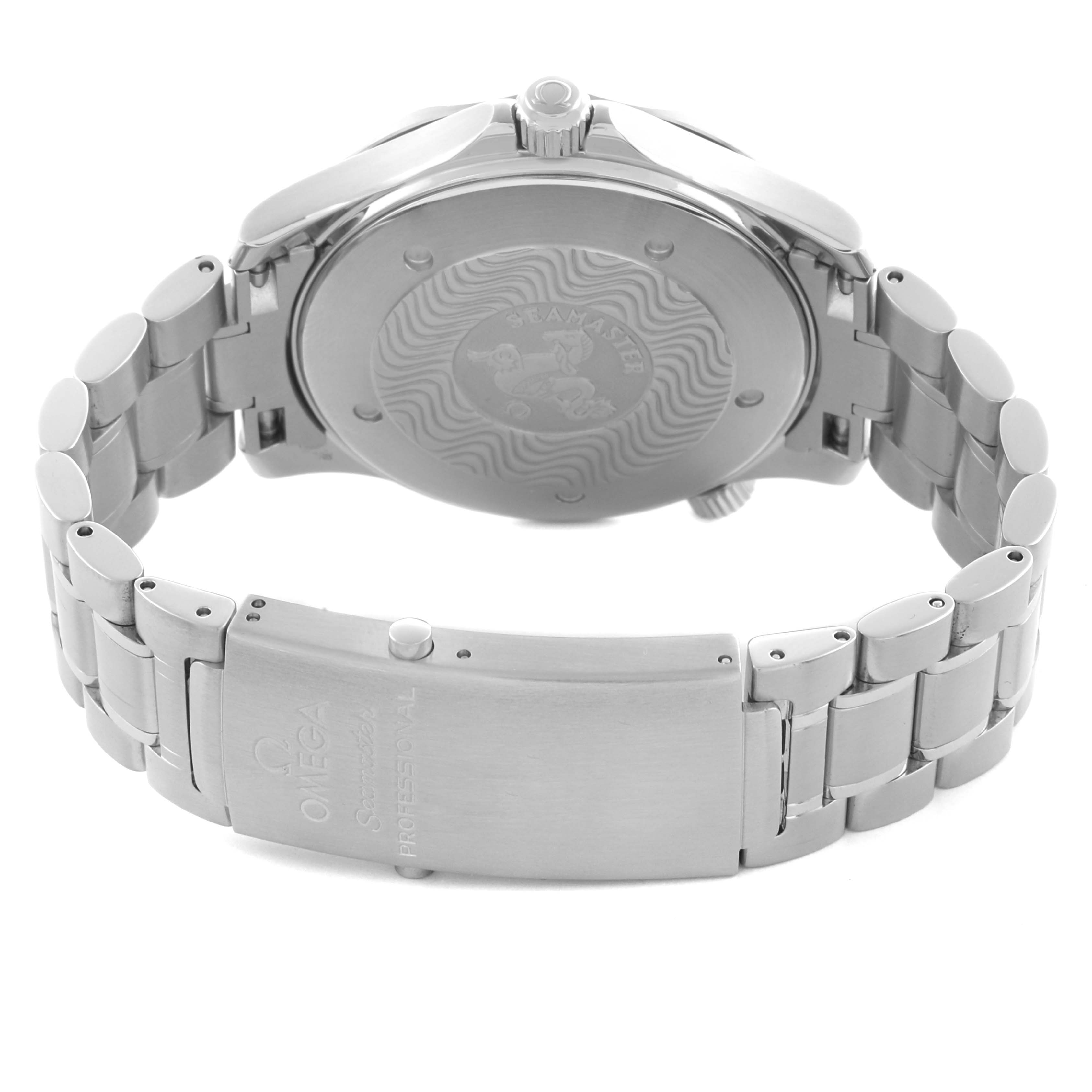 The Omega Seamaster 2264.50.00 Men's Stainless Steel Black Dial 2264.50.00 Men's Stainless Steel Black Dial watch is shown from the back, highlighting the clasp, bracelet, and decorated case back.