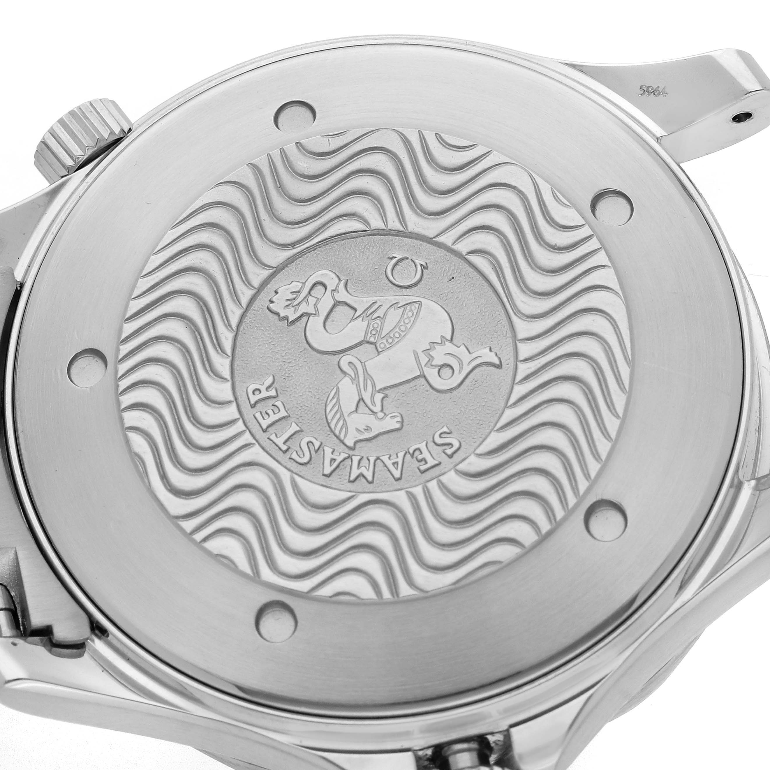 The image shows the case back of an Omega Seamaster 2264.50.00 Men's Stainless Steel Black Dial 2264.50.00 Men's Stainless Steel Black Dial, featuring an embossed wave pattern and the Seamaster logo.