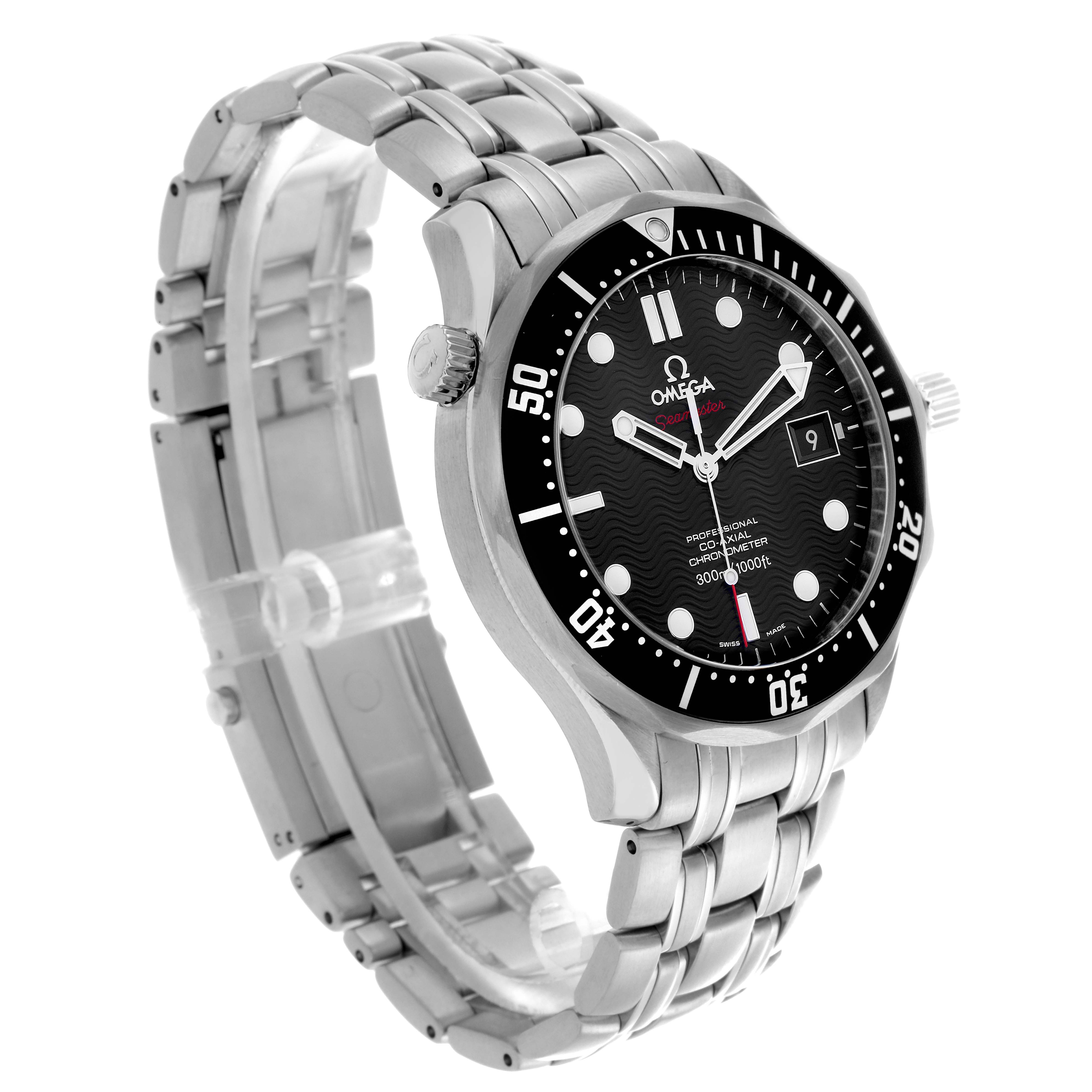 The Omega Seamaster 212.30.41.20.01.002 Men
s Stainless Steel Black Dial 212.30.41.20.01.002 Men
s Stainless Steel Black Dial is shown from an angled view, highlighting the face, bezel, crown, and metal bracelet.