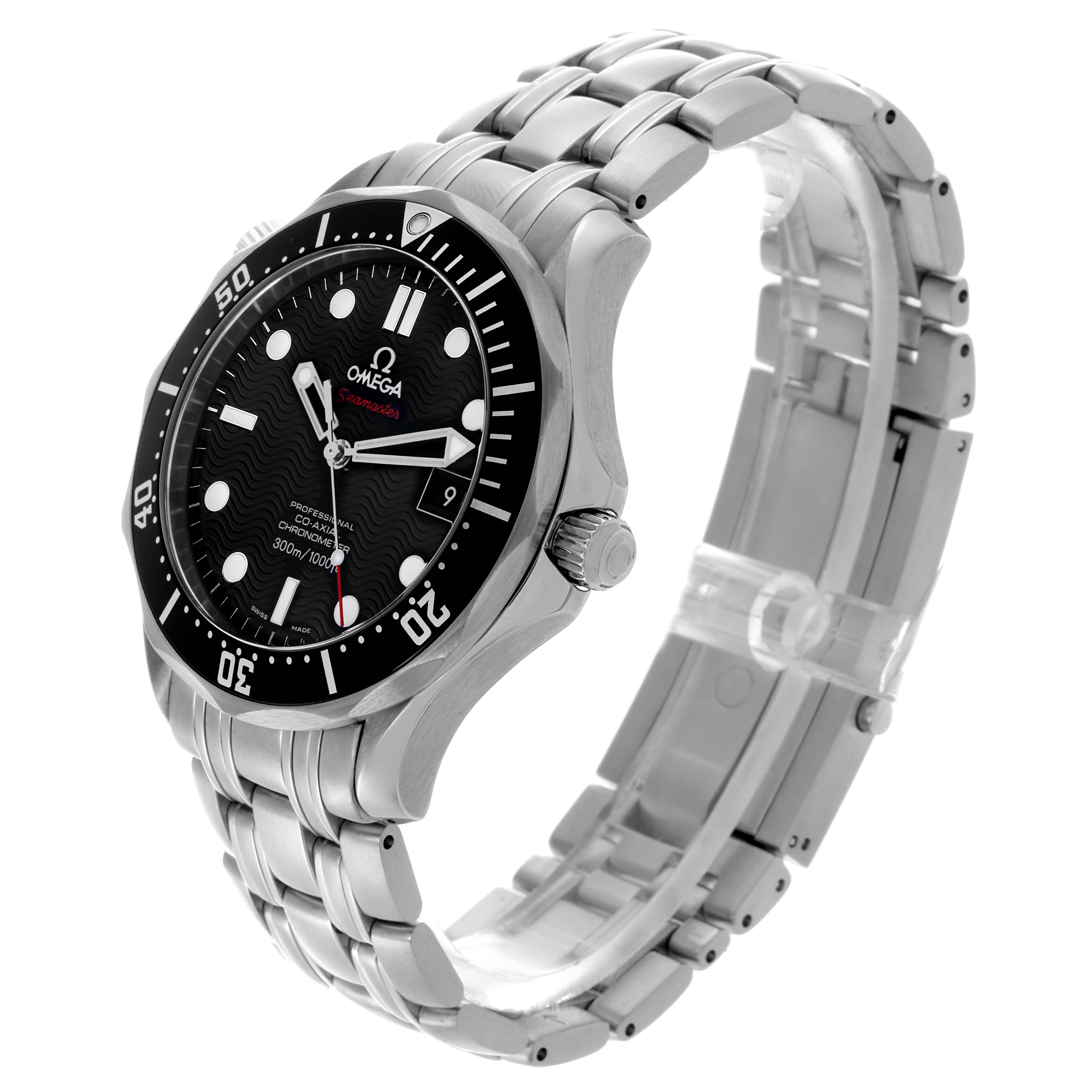 The Omega Seamaster 212.30.41.20.01.002 Men
s Stainless Steel Black Dial 212.30.41.20.01.002 Men
s Stainless Steel Black Dial watch is shown at a slight angle, revealing its face, bezel, crown, and metal bracelet.