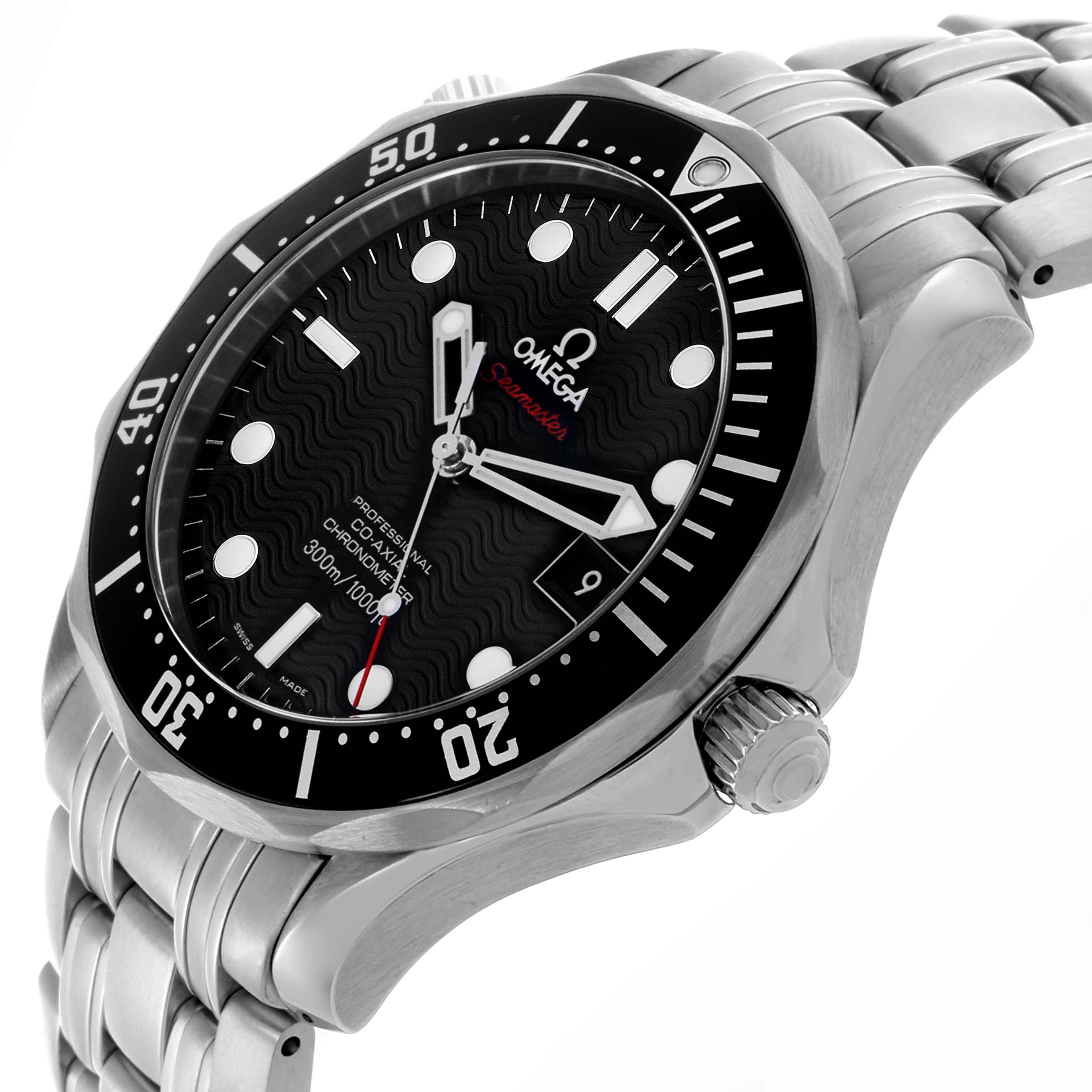 The Omega Seamaster 212.30.41.20.01.002 Men
s Stainless Steel Black Dial 212.30.41.20.01.002 Men
s Stainless Steel Black Dial watch is shown at an angled side view, revealing its face, bezel, crown, and part of the metal bracelet.