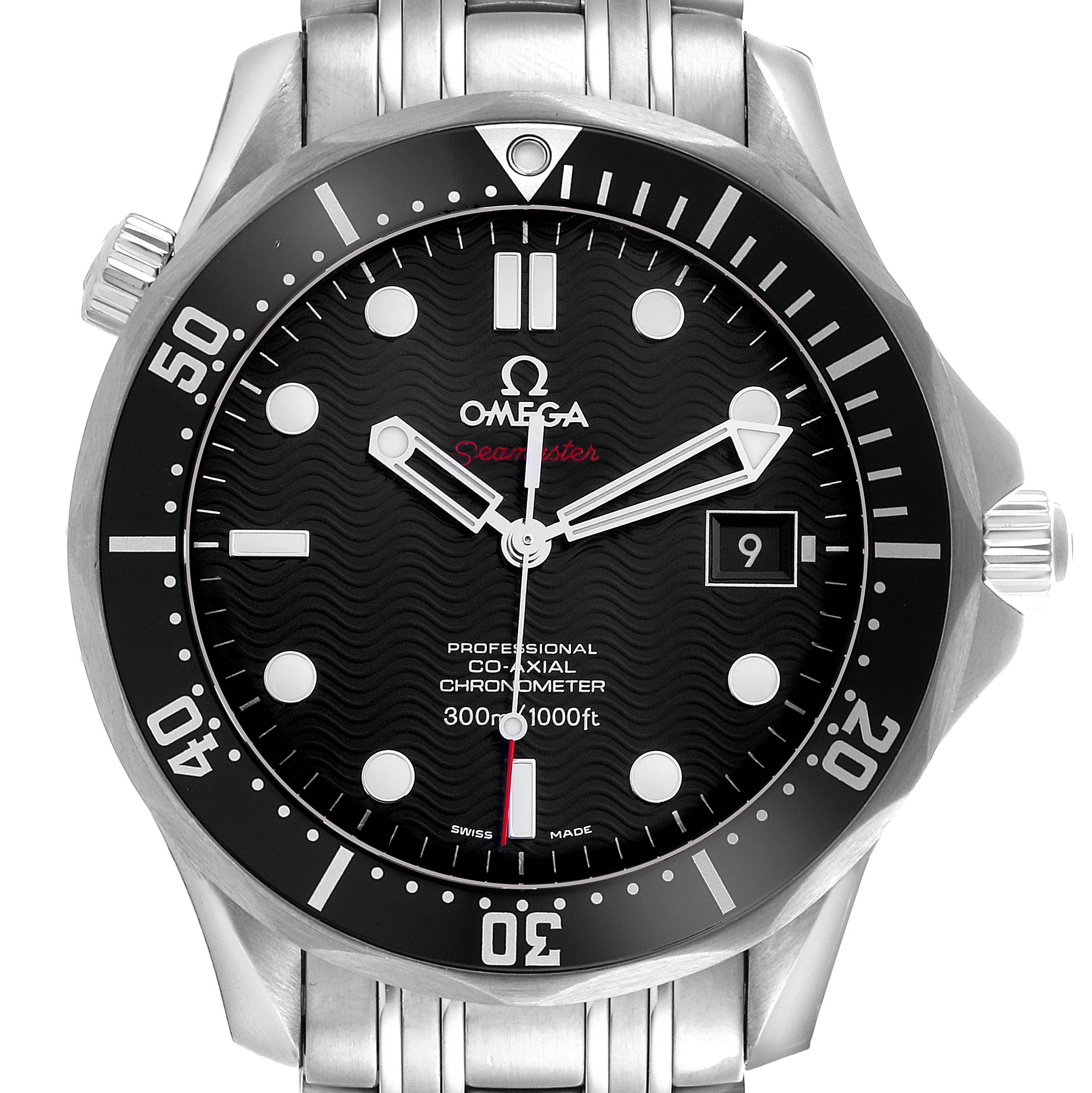 The Omega Seamaster 212.30.41.20.01.002 Men
s Stainless Steel Black Dial 212.30.41.20.01.002 Men
s Stainless Steel Black Dial watch is shown from the front, highlighting the dial, bezel, crown, and part of the bracelet.