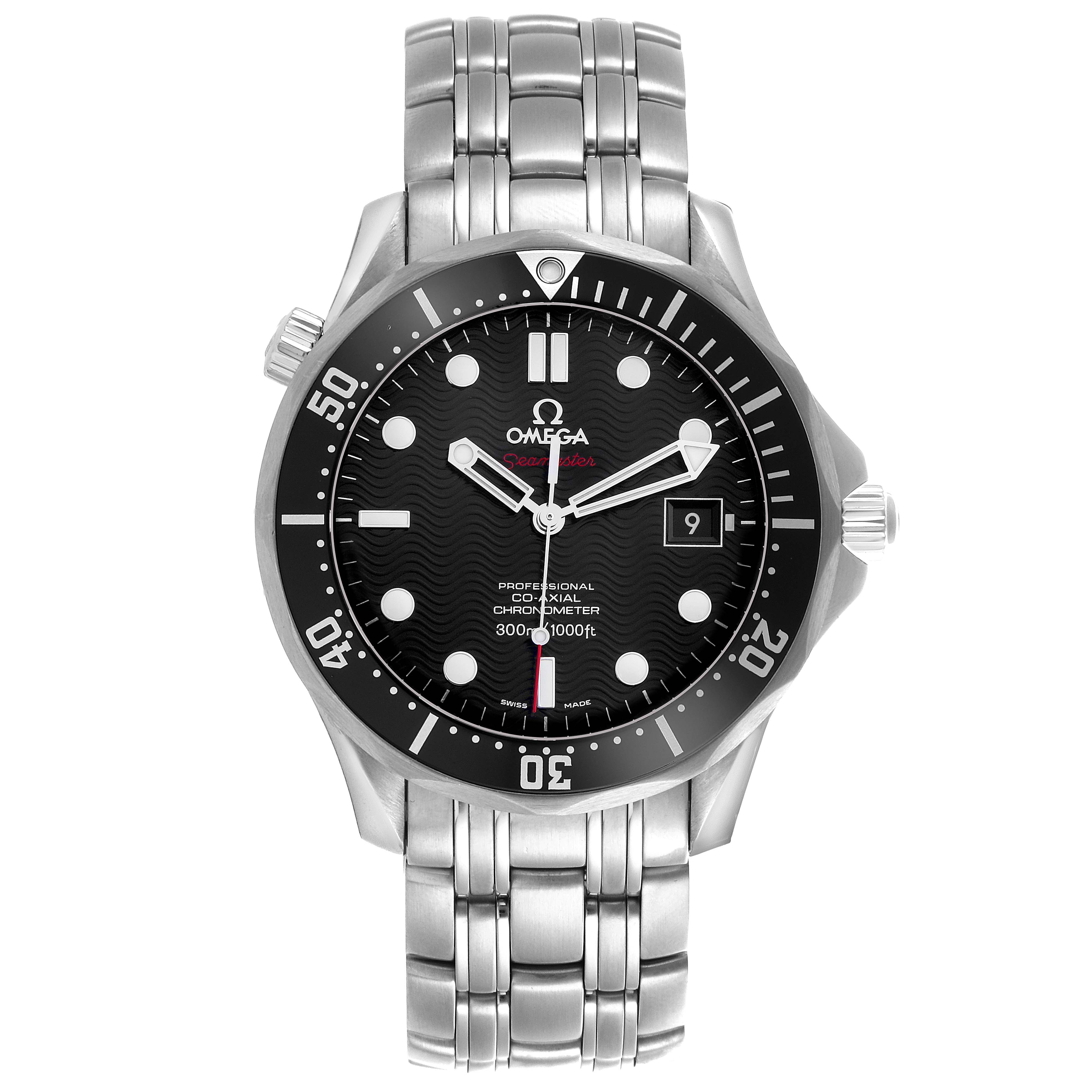 The Omega Seamaster 212.30.41.20.01.002 Men
s Stainless Steel Black Dial 212.30.41.20.01.002 Men
s Stainless Steel Black Dial watch is shown from the front, displaying the dial, bezel, bracelet, and crown.