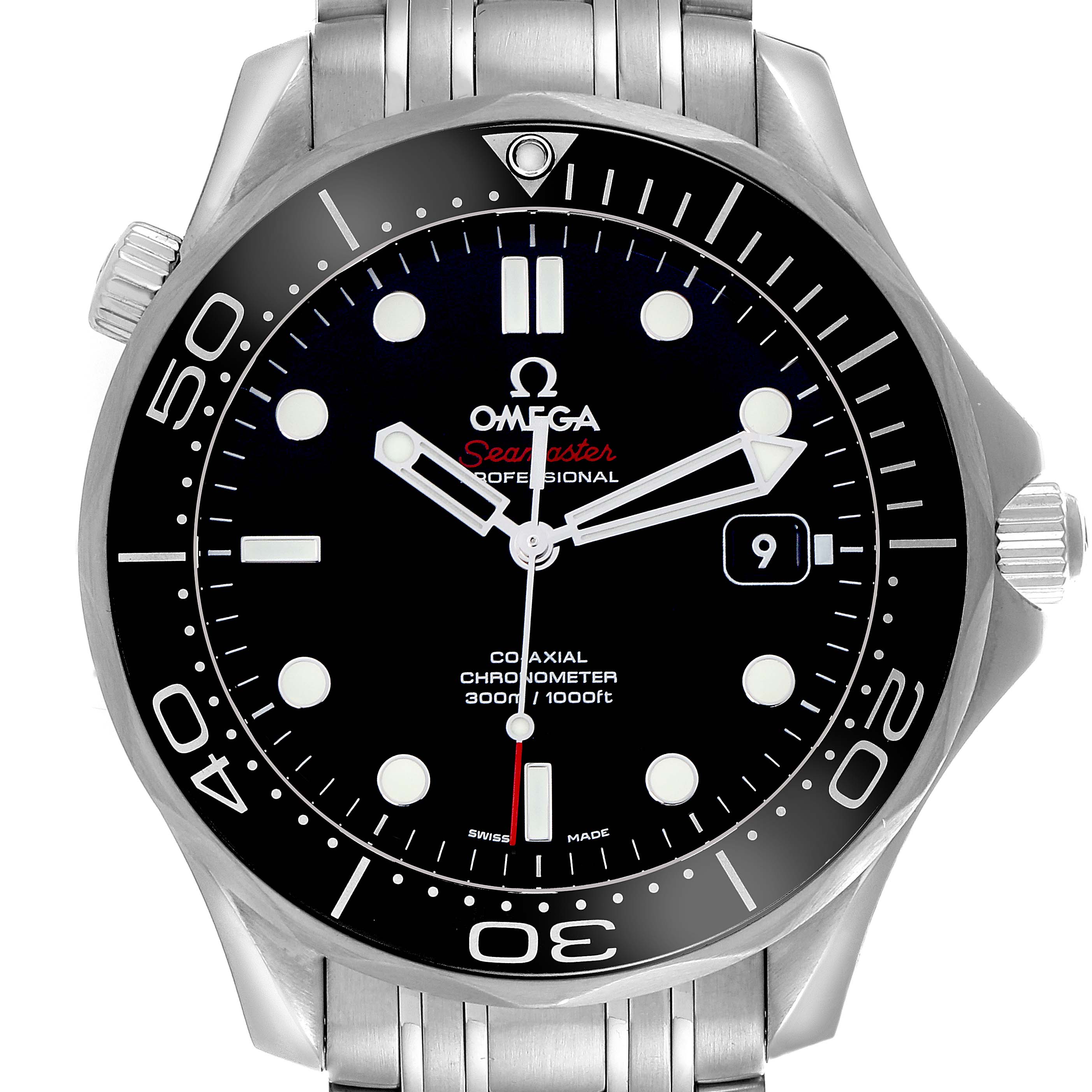 The image shows a front view of the Omega Seamaster 212.30.41.20.01.003 Men
s Stainless Steel Black Dial 212.30.41.20.01.003 Men
s Stainless Steel Black Dial watch, highlighting the dial, bezel, and metal bracelet.