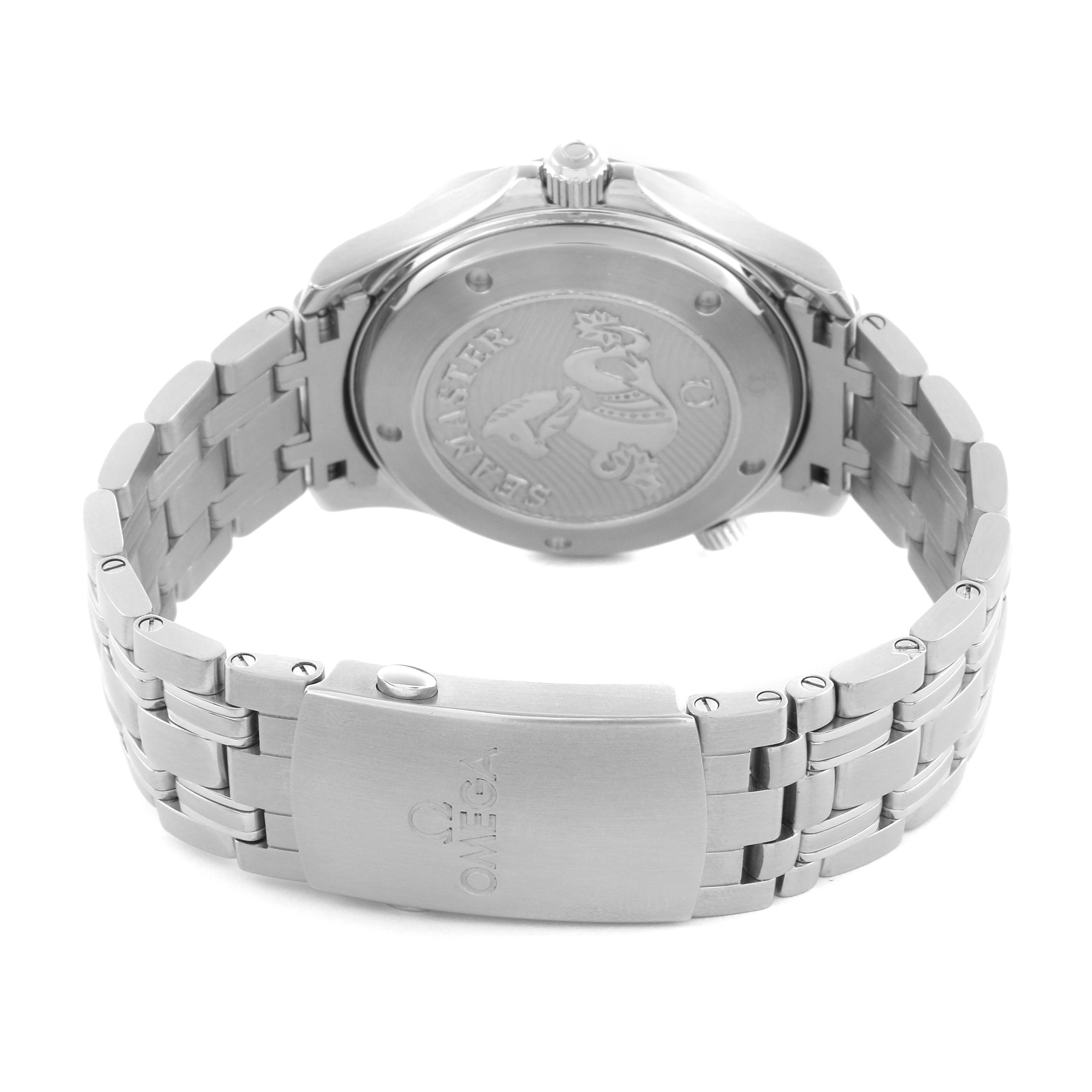 The Omega Seamaster 212.30.41.20.01.003 Men
s Stainless Steel Black Dial 212.30.41.20.01.003 Men
s Stainless Steel Black Dial watch is shown from the back, displaying the case back and stainless steel bracelet with the Omega logo on the clasp.