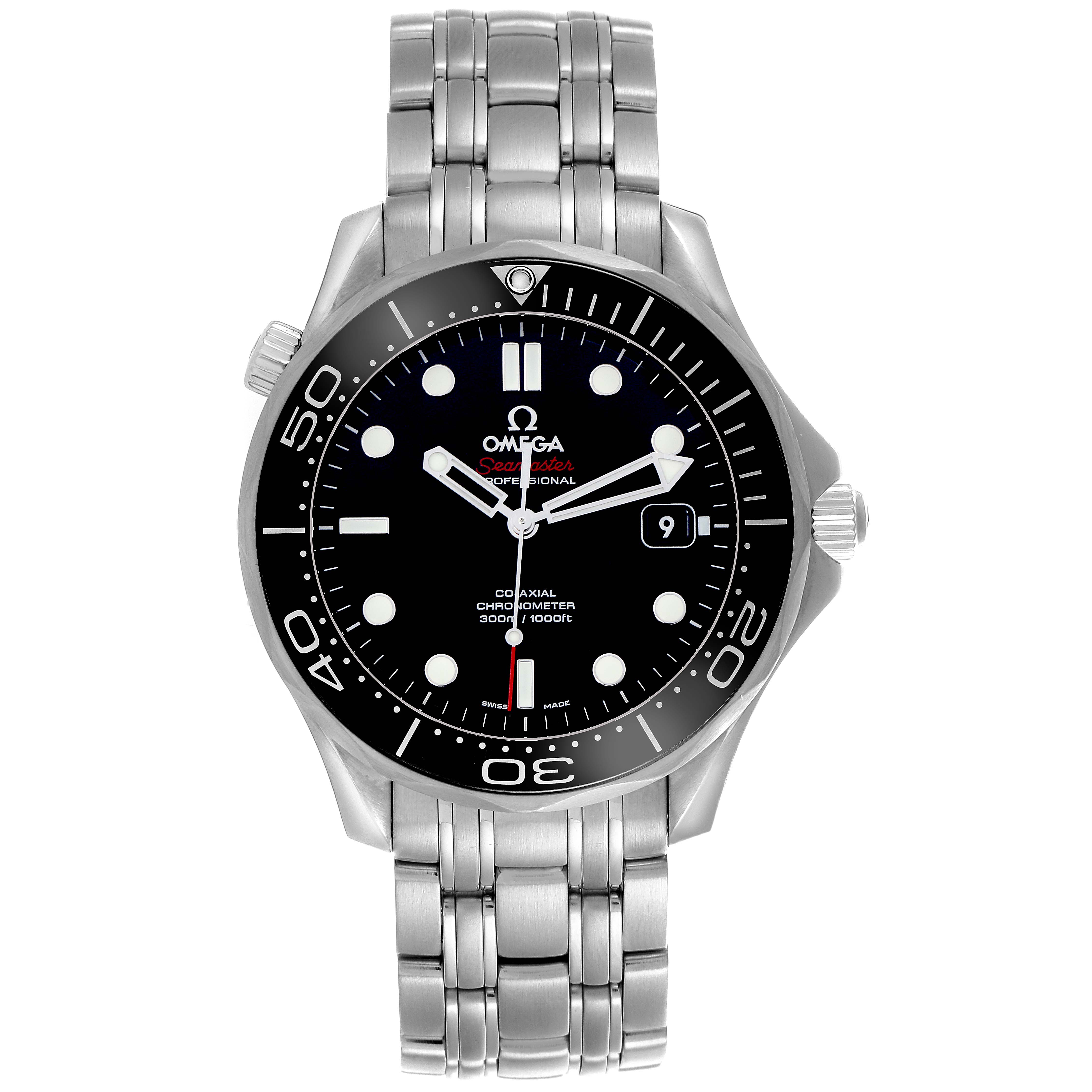 The Omega Seamaster 212.30.41.20.01.003 Men
s Stainless Steel Black Dial 212.30.41.20.01.003 Men
s Stainless Steel Black Dial watch is shown from the front, displaying the dial, bezel, crown, and stainless steel bracelet.