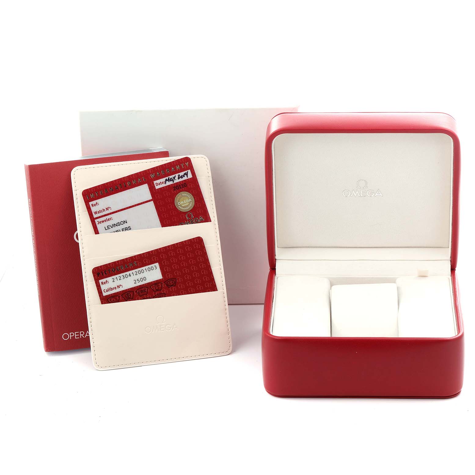 The image shows the Omega Seamaster 212.30.41.20.01.003 Men
s Stainless Steel Black Dial 212.30.41.20.01.003 Men
s Stainless Steel Black Dial watch box, warranty cards, and a red manual, all viewed from the front.