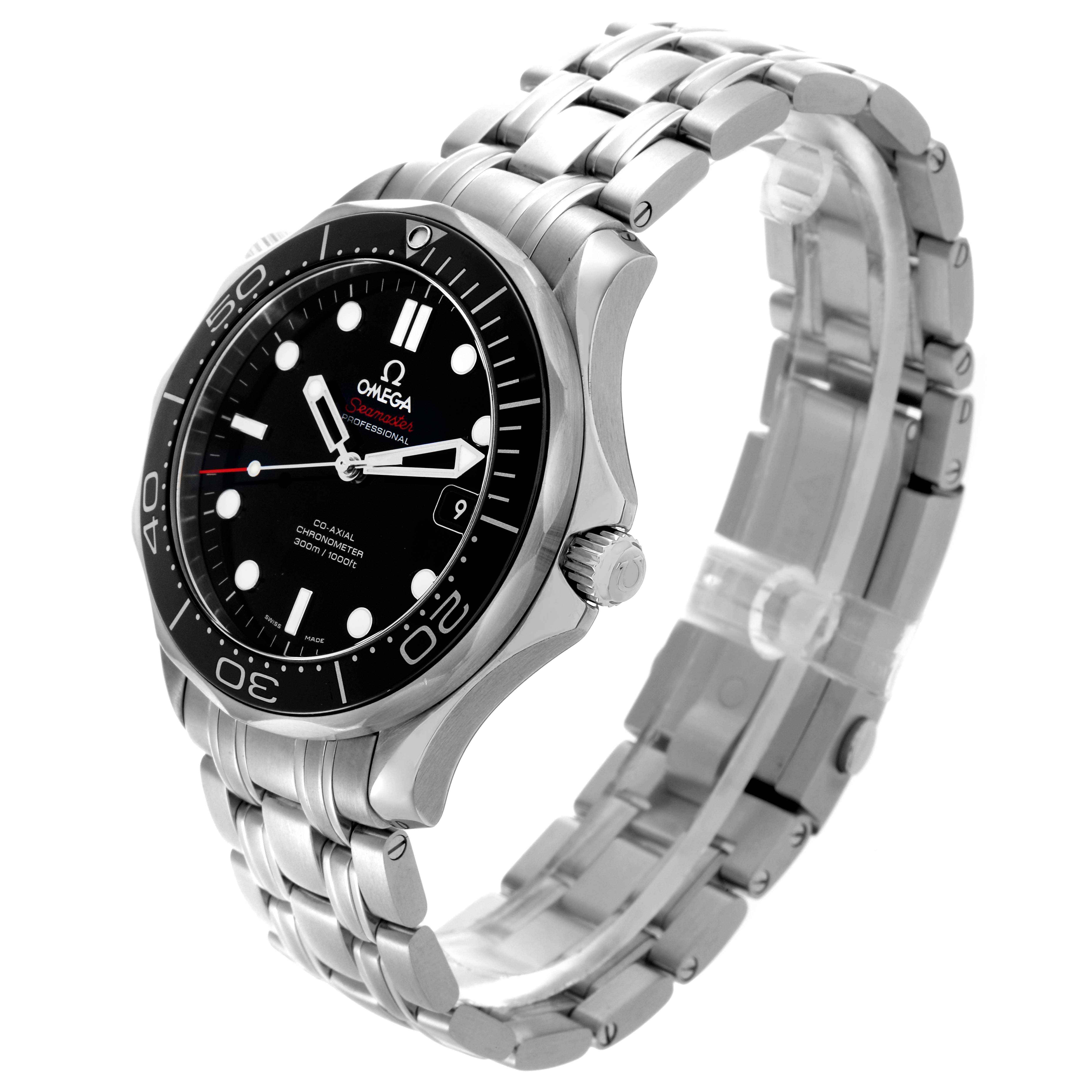 The Omega Seamaster 212.30.41.20.01.003 Men
s Stainless Steel Black Dial 212.30.41.20.01.003 Men
s Stainless Steel Black Dial watch is shown at a three-quarter angle, displaying its face, bezel, crown, and bracelet.