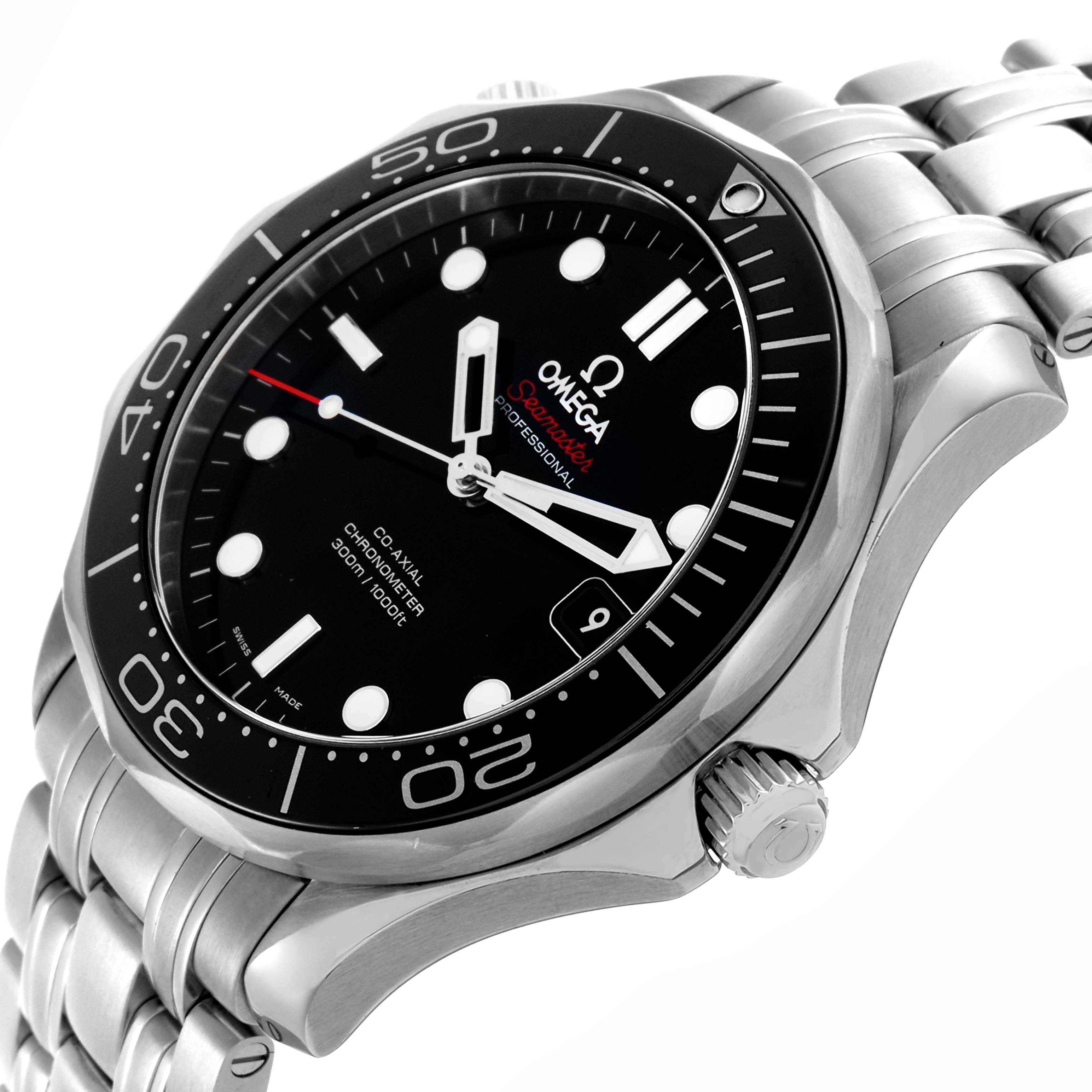 The Omega Seamaster 212.30.41.20.01.003 Men
s Stainless Steel Black Dial 212.30.41.20.01.003 Men
s Stainless Steel Black Dial watch is shown at a three-quarter angle, highlighting the face, bezel, crown, and stainless steel bracelet.
