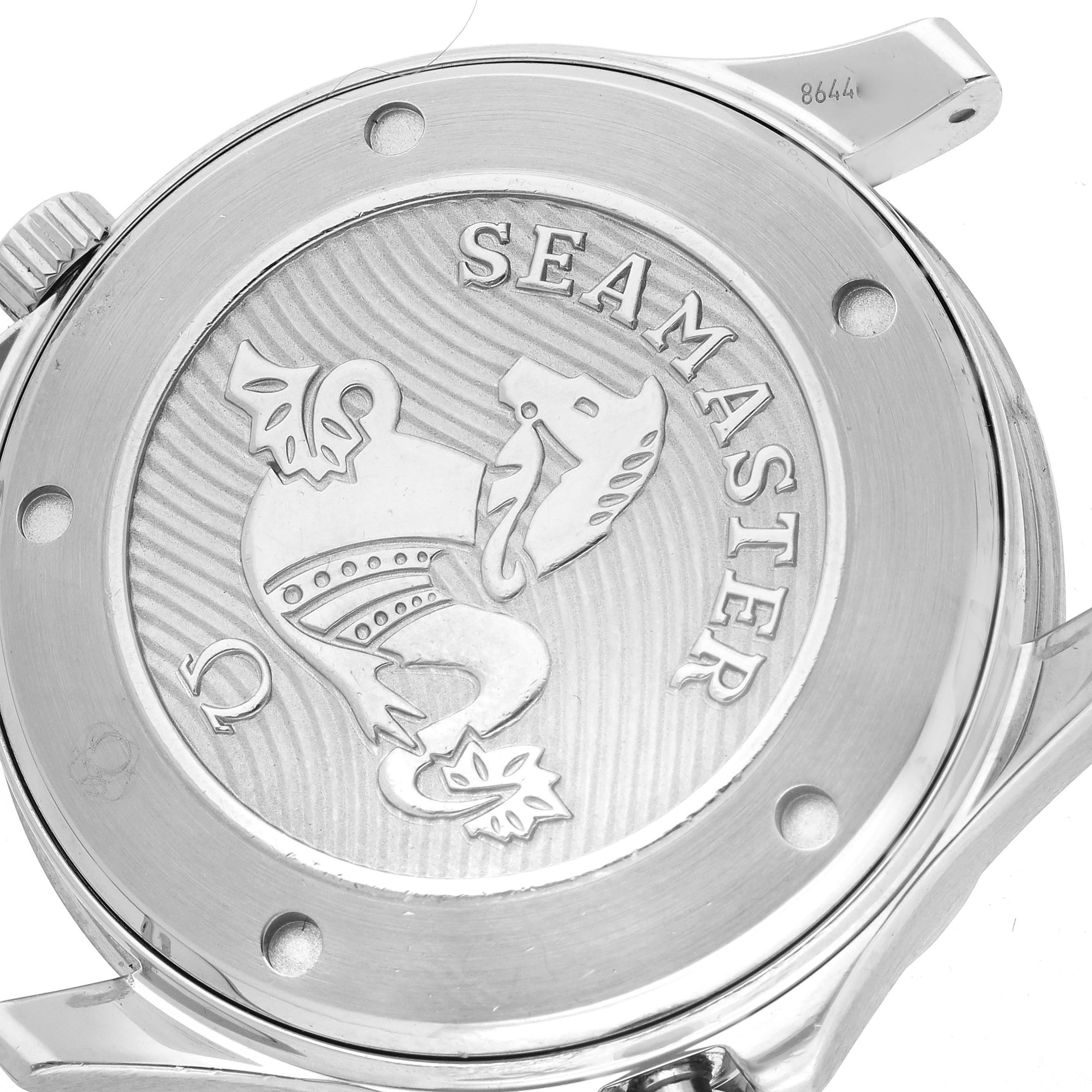 The image shows the back of an Omega Seamaster 212.30.41.20.01.003 Men
s Stainless Steel Black Dial 212.30.41.20.01.003 Men
s Stainless Steel Black Dial watch, highlighting the Seamaster emblem and polished finish.