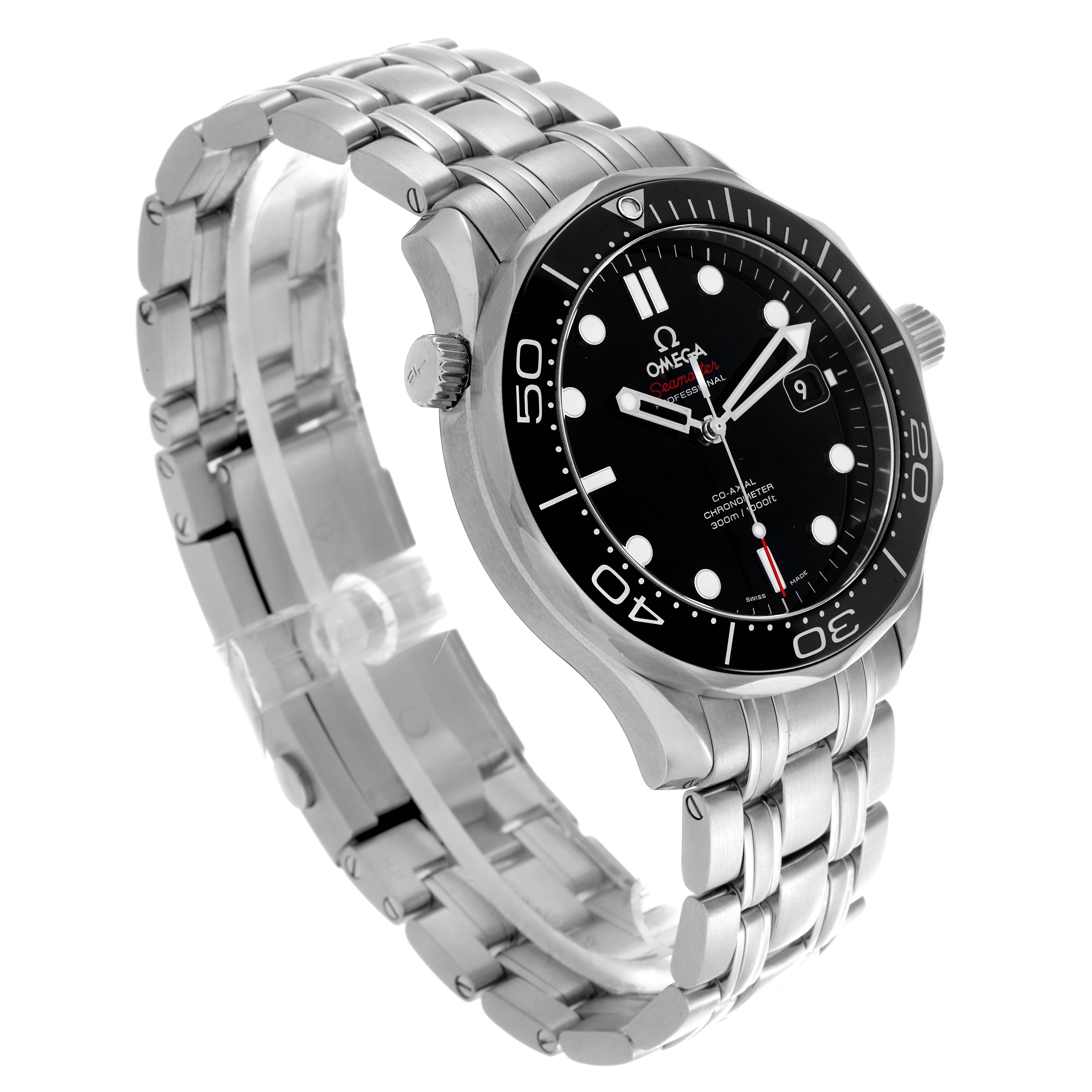 The Omega Seamaster 212.30.41.20.01.003 Men
s Stainless Steel Black Dial 212.30.41.20.01.003 Men
s Stainless Steel Black Dial watch is shown at a three-quarter angle, highlighting the dial, bezel, and bracelet.