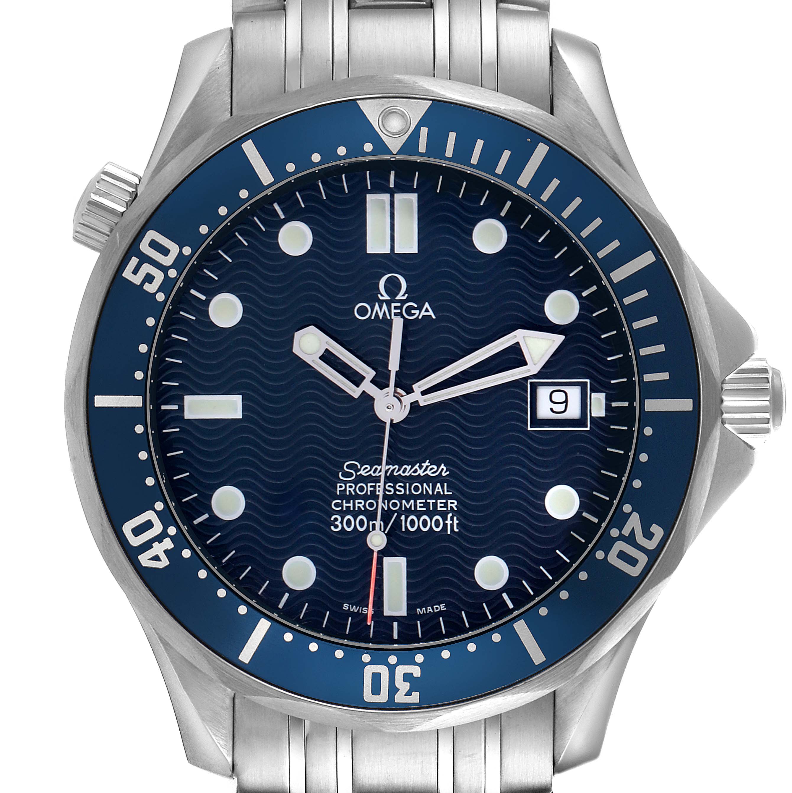 The Omega Seamaster 2531.80.00 Men's Stainless Steel Blue Dial 2531.80.00 Men's Stainless Steel Blue Dial watch is shown from a front view, highlighting the dial, bezel, hands, and bracelet.