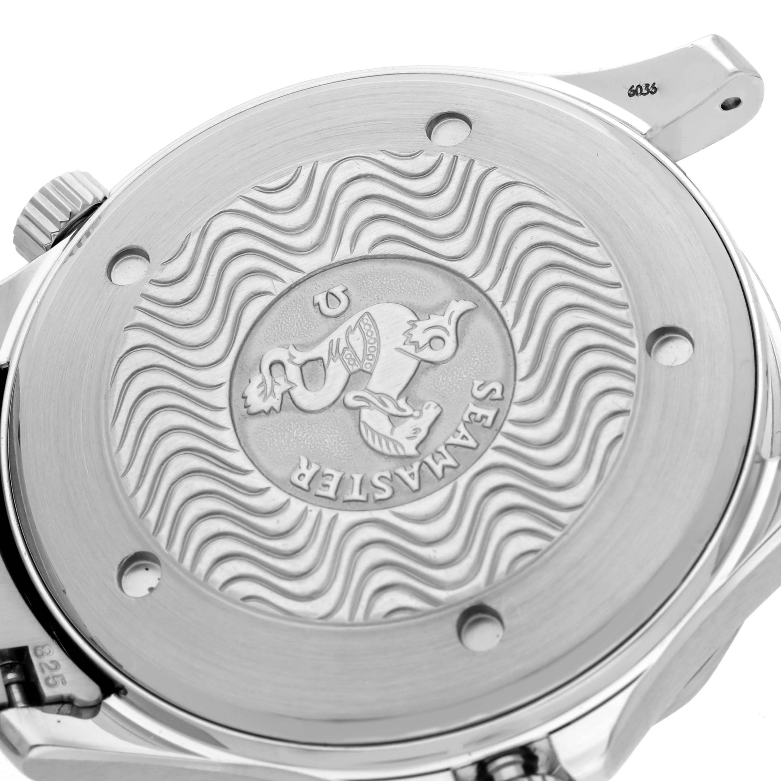 The image shows the case back of an Omega Seamaster 2531.80.00 Men's Stainless Steel Blue Dial 2531.80.00 Men's Stainless Steel Blue Dial, highlighting the engraved design and branding.