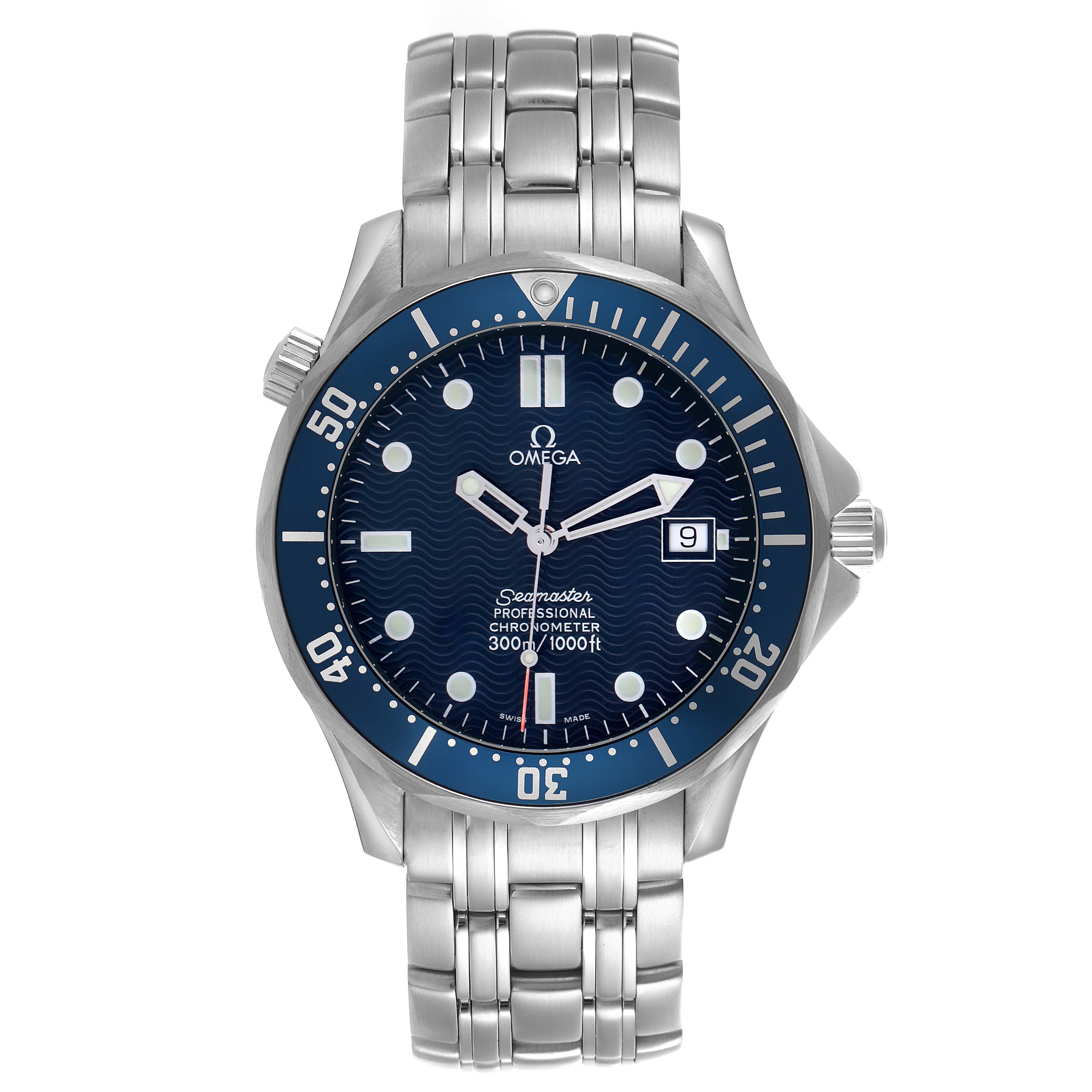 The Omega Seamaster 2531.80.00 Men's Stainless Steel Blue Dial 2531.80.00 Men's Stainless Steel Blue Dial watch is shown from a front angle, displaying the dial, bezel, and bracelet clearly.