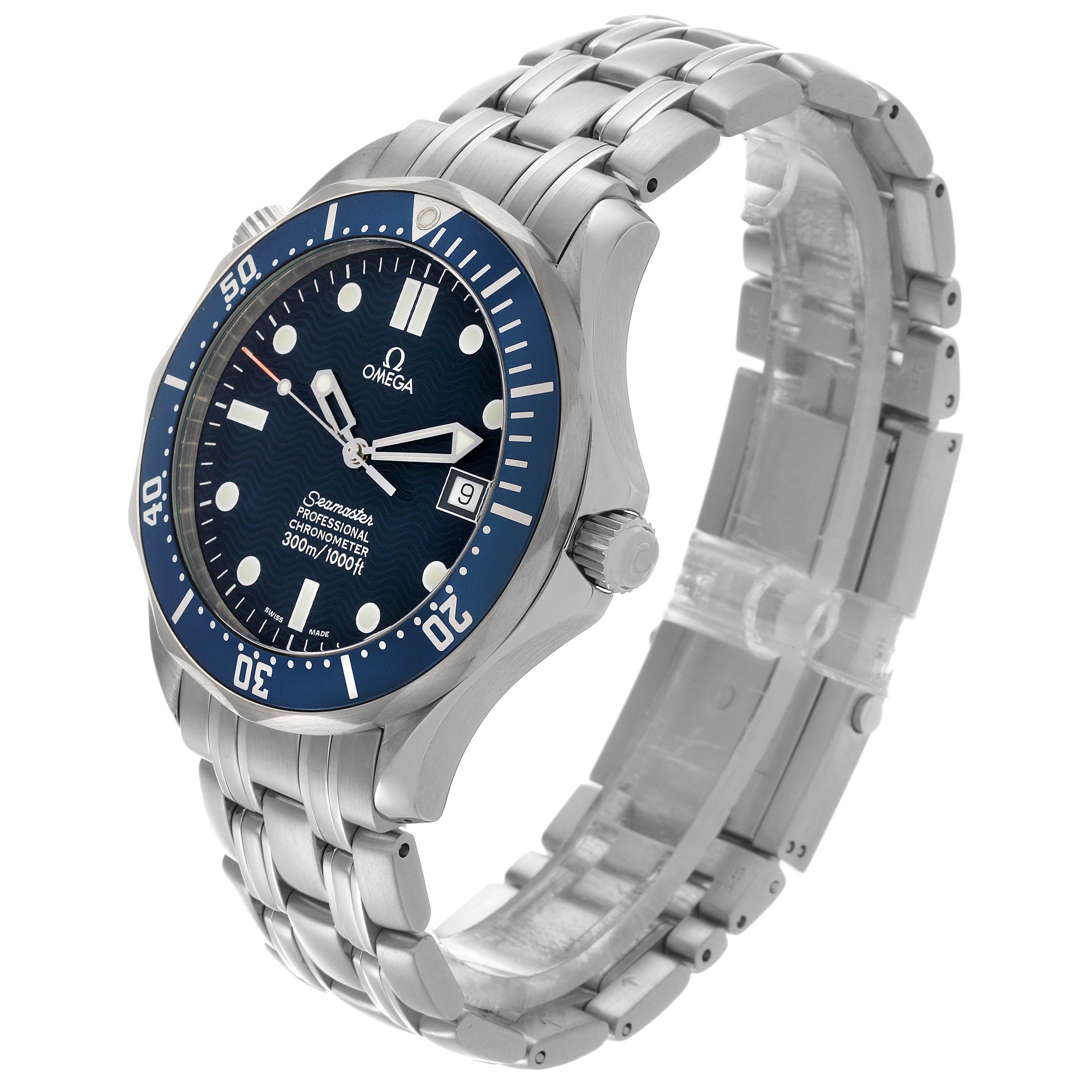 The Omega Seamaster 2531.80.00 Men's Stainless Steel Blue Dial 2531.80.00 Men's Stainless Steel Blue Dial watch is shown at a three-quarter angle, displaying the face, bezel, crown, and metal bracelet.