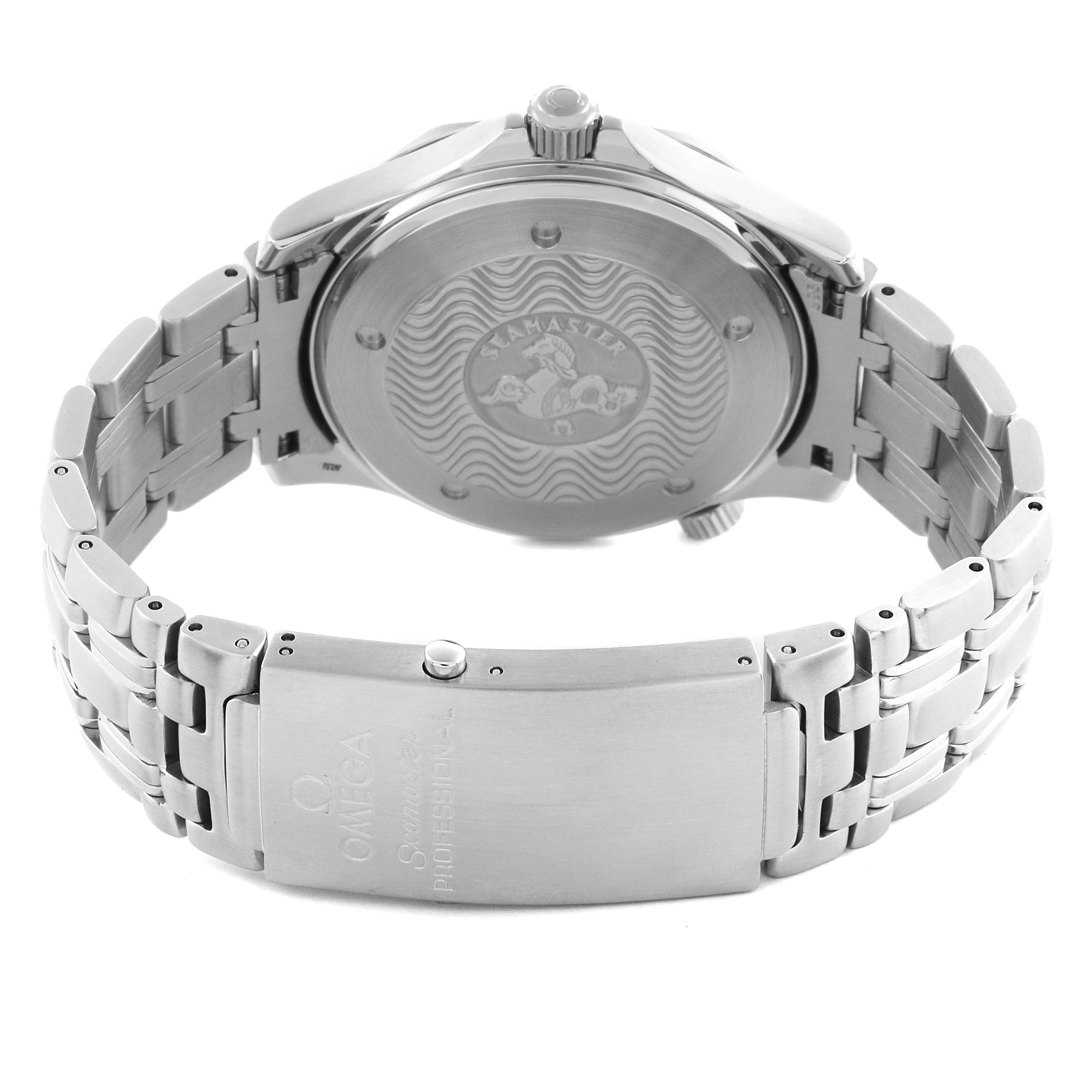 The Omega Seamaster 2531.80.00 Men's Stainless Steel Blue Dial 2531.80.00 Men's Stainless Steel Blue Dial watch is shown from the back, highlighting the case back, bracelet, and clasp.