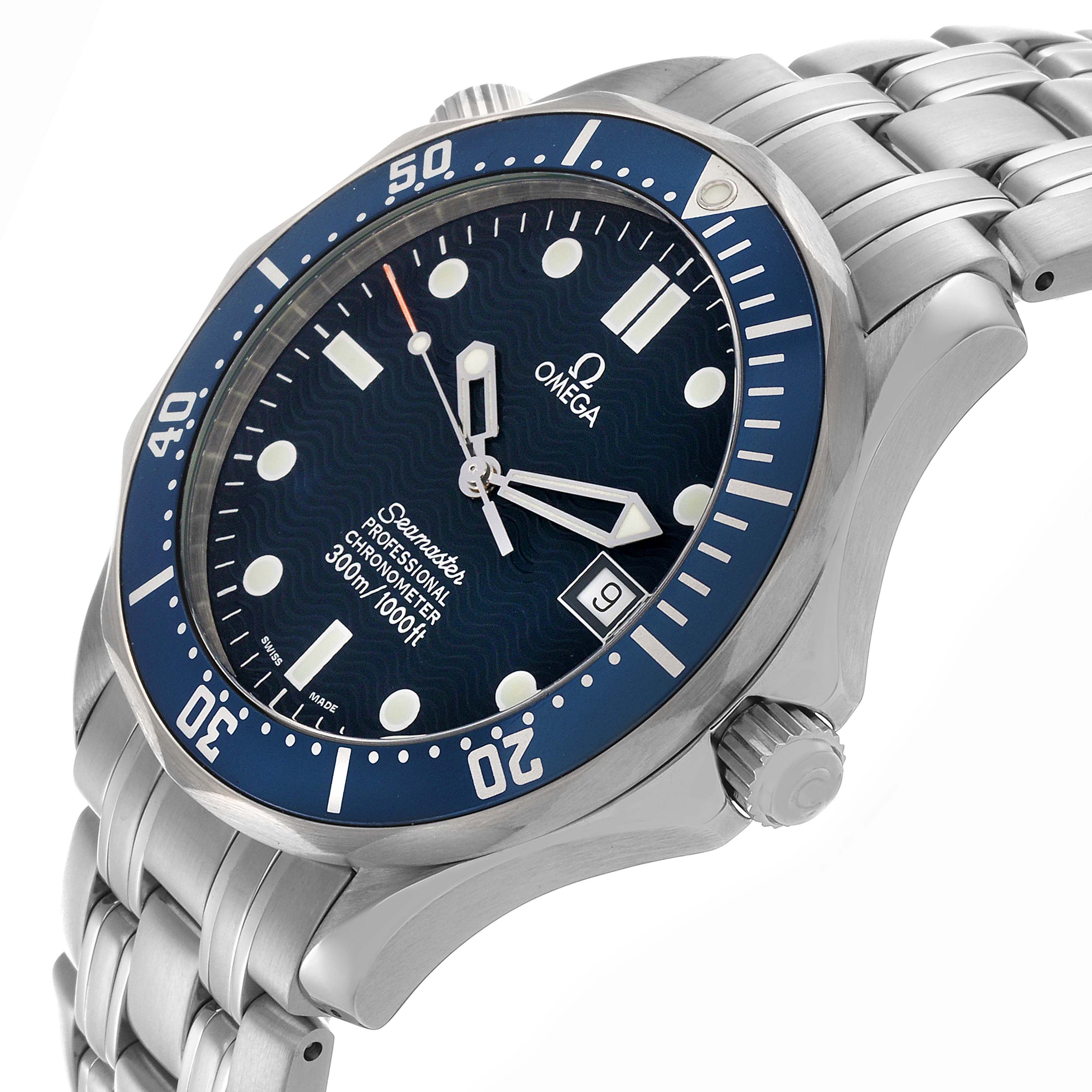 The Omega Seamaster 2531.80.00 Men's Stainless Steel Blue Dial 2531.80.00 Men's Stainless Steel Blue Dial watch is shown from a 3/4 angle, highlighting the bezel, crown, dial, and bracelet details.