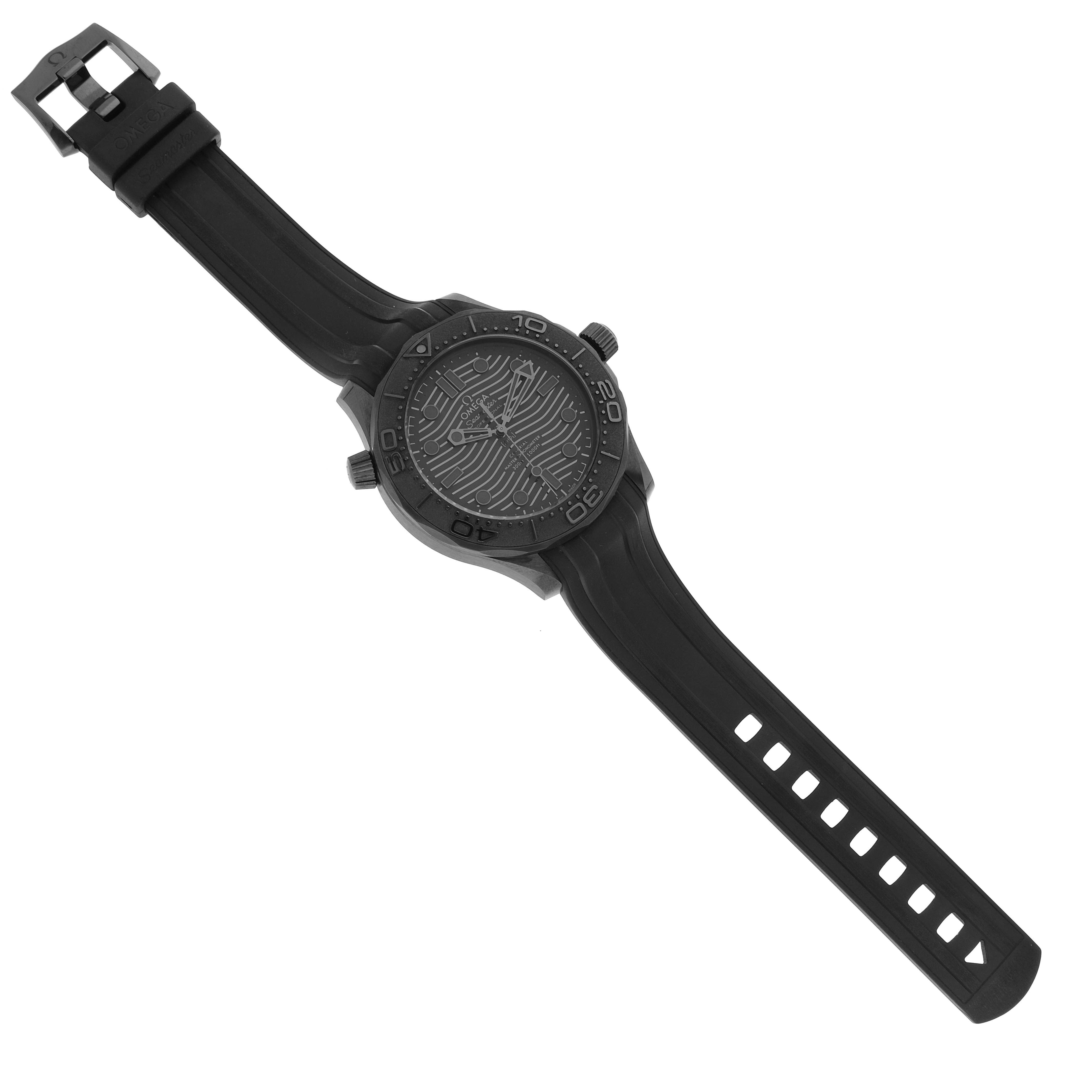 The image shows the Omega Seamaster 210.92.44.20.01.003 Men's Ceramic Black Dial 210.92.44.20.01.003 Men's Ceramic Black Dial model from a top-down angle, displaying its face, bezel, and strap.