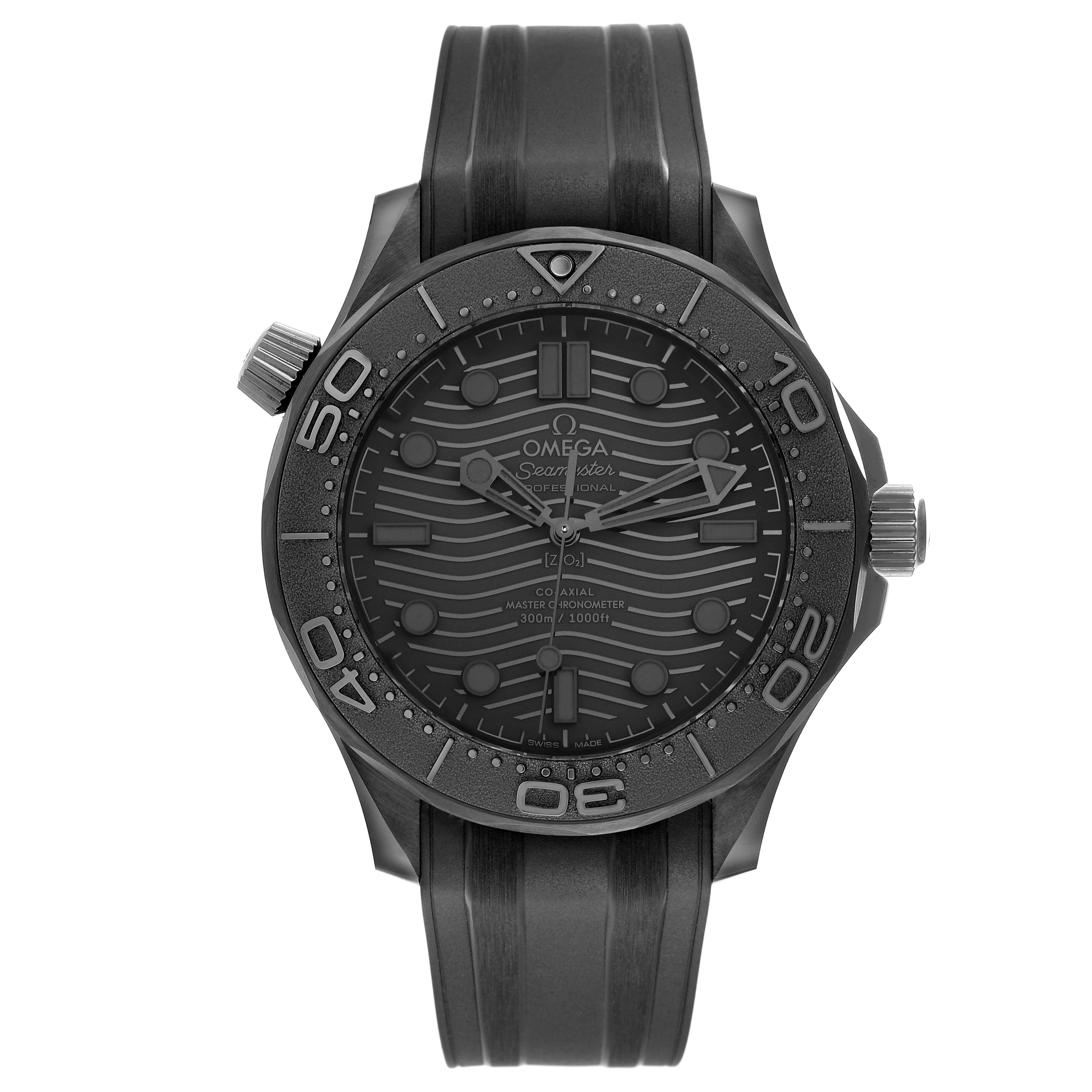 The Omega Seamaster 210.92.44.20.01.003 Men's Ceramic Black Dial 210.92.44.20.01.003 Men's Ceramic Black Dial watch is shown from the front, displaying the face, bezel, crown, and band.