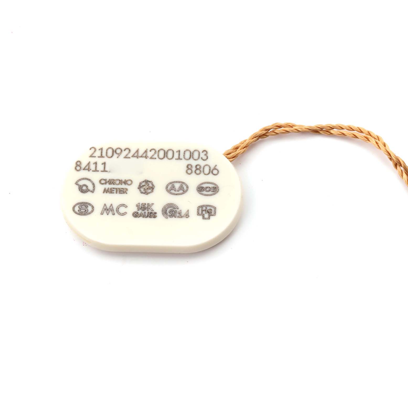 The image shows a tag for an Omega Seamaster 210.92.44.20.01.003 Men's Ceramic Black Dial 210.92.44.20.01.003 Men's Ceramic Black Dial model watch, displaying various certifications and serial numbers.