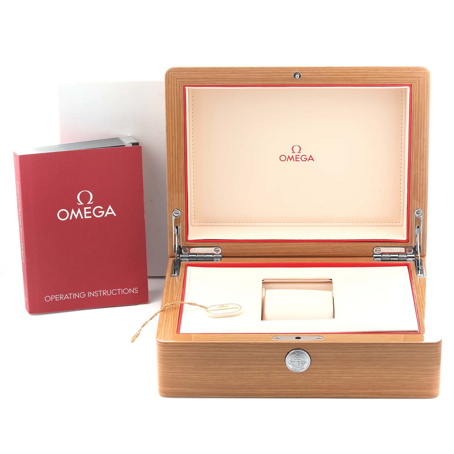 The image shows the open box and operating instructions for an Omega Seamaster 210.92.44.20.01.003 Men's Ceramic Black Dial 210.92.44.20.01.003 Men's Ceramic Black Dial watch.