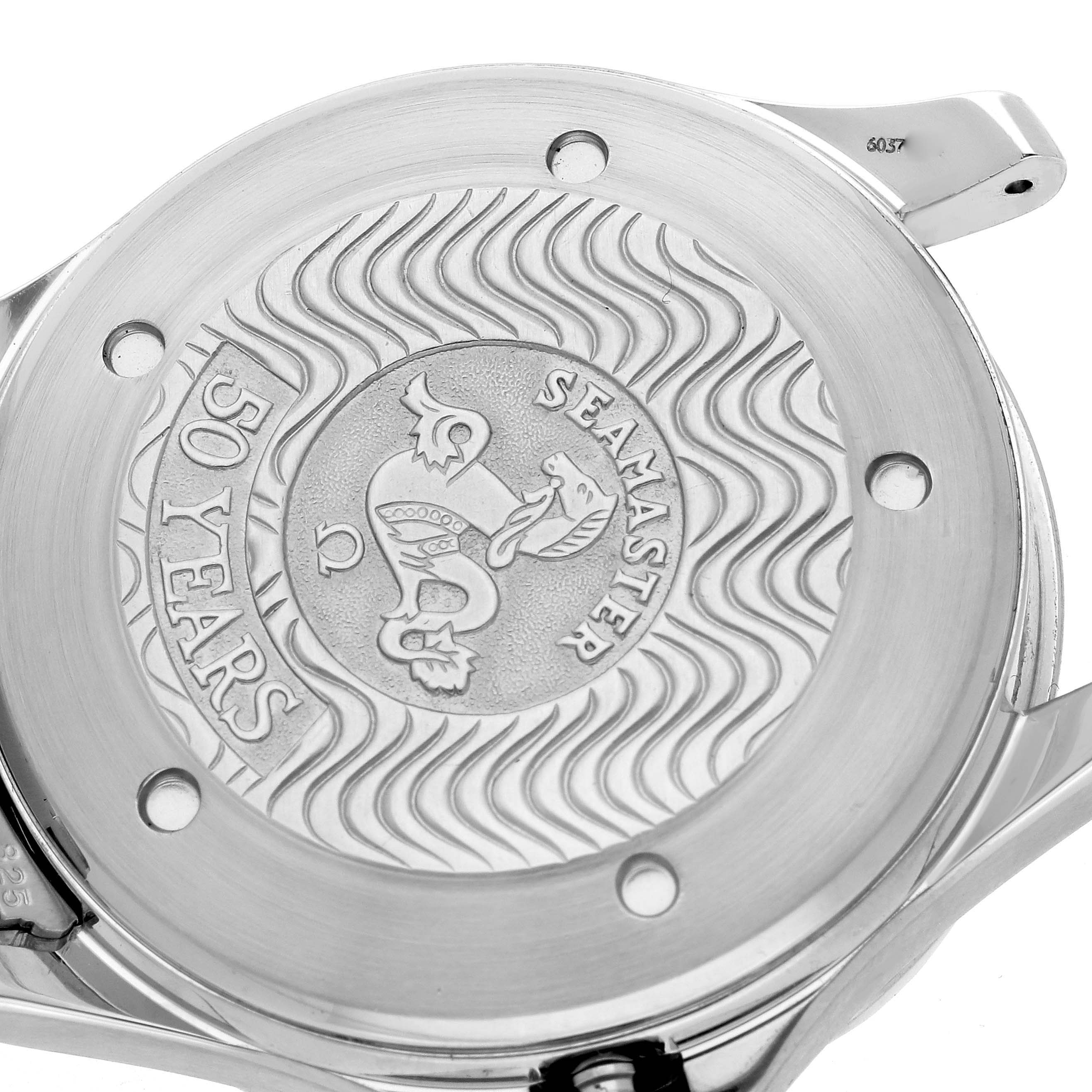 The image shows the engraved case back of an Omega Seamaster 2534.50.00 Men
s Stainless Steel Black Dial 2534.50.00 Men
s Stainless Steel Black Dial watch at a slightly angled view.