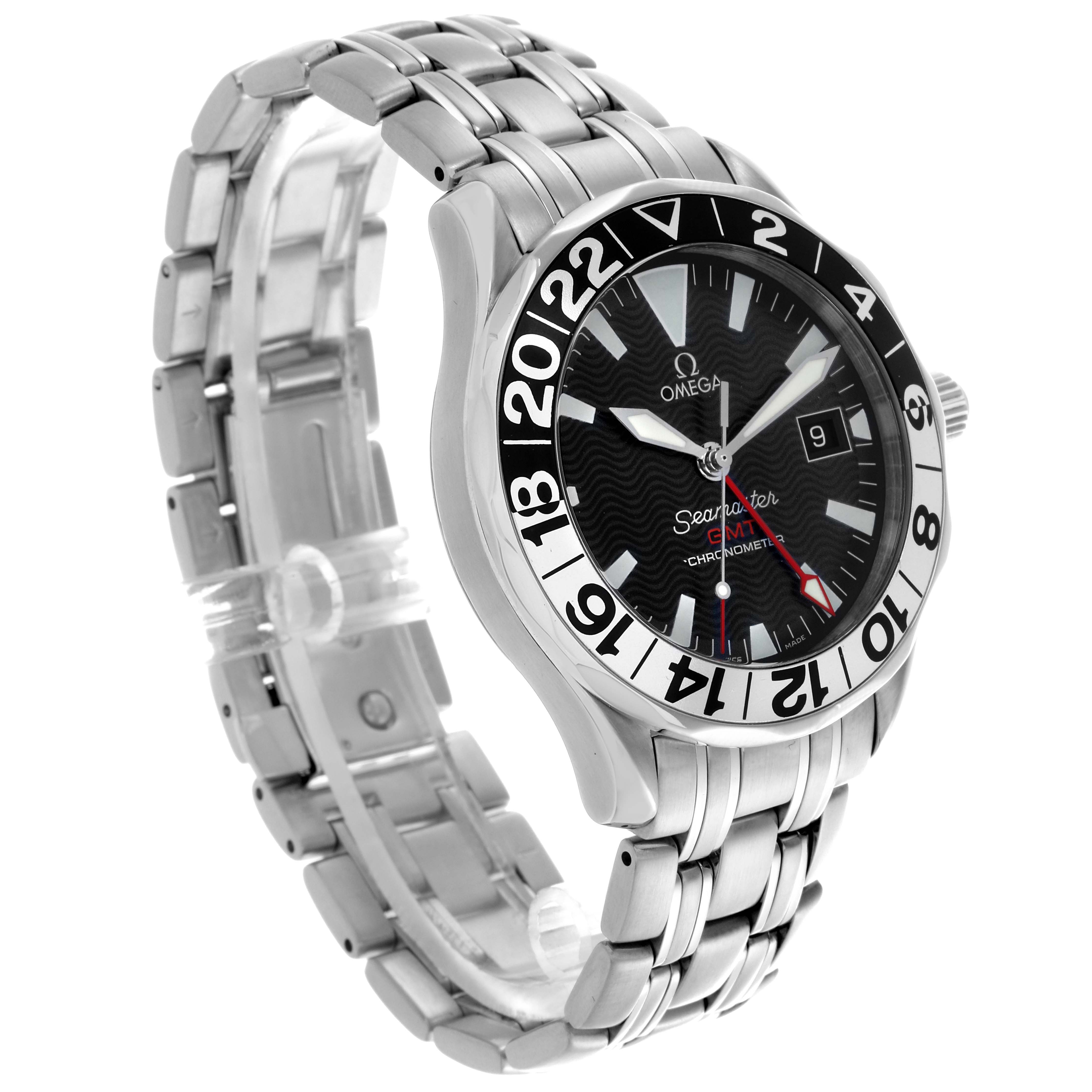 The Omega Seamaster 2534.50.00 Men
s Stainless Steel Black Dial 2534.50.00 Men
s Stainless Steel Black Dial watch is shown at a three-quarter angle, highlighting the face, bezel, crown, and metal bracelet.