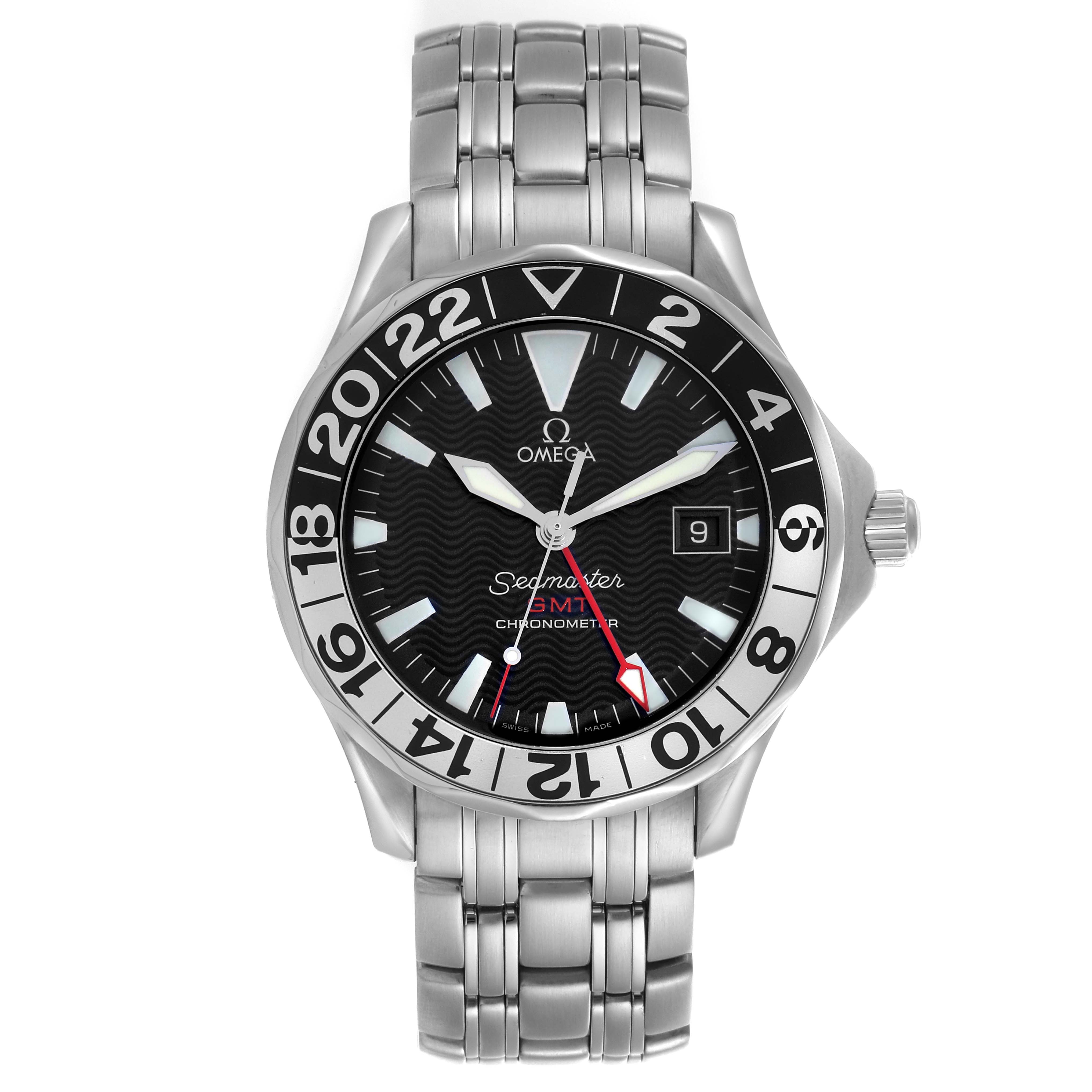 This Omega Seamaster 2534.50.00 Men
s Stainless Steel Black Dial 2534.50.00 Men
s Stainless Steel Black Dial watch is shown from a front angle, displaying the face, bezel, and metal bracelet clearly.